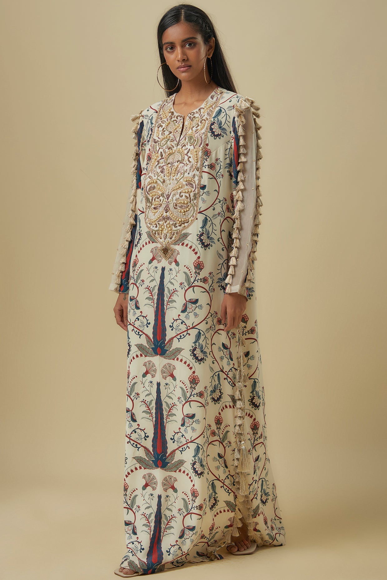 Blue Forest Whisper Print Crepe Embroidered Yoke Beyza Kaftan.