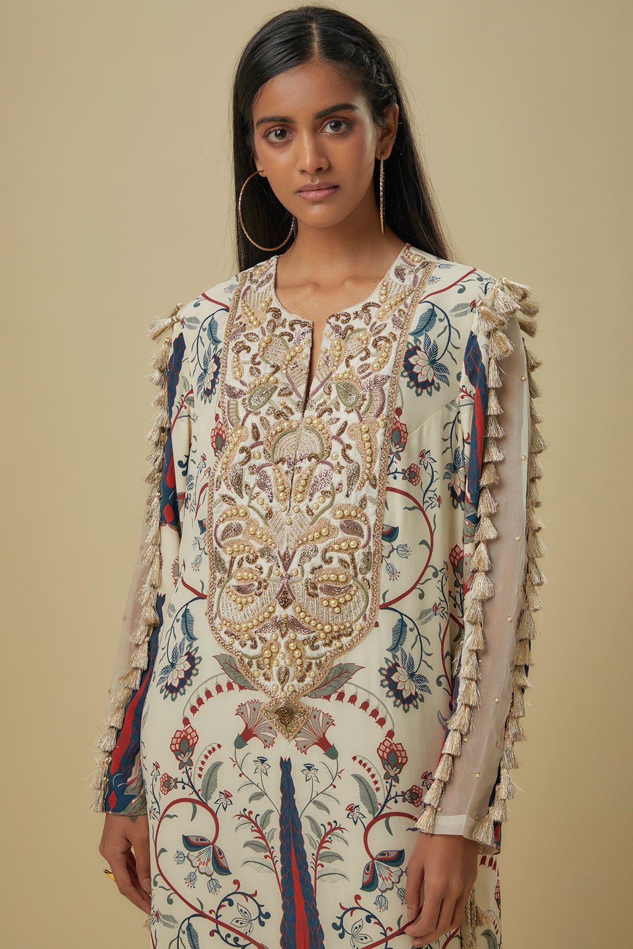 Blue Forest Whisper Print Crepe Embroidered Yoke Beyza Kaftan.