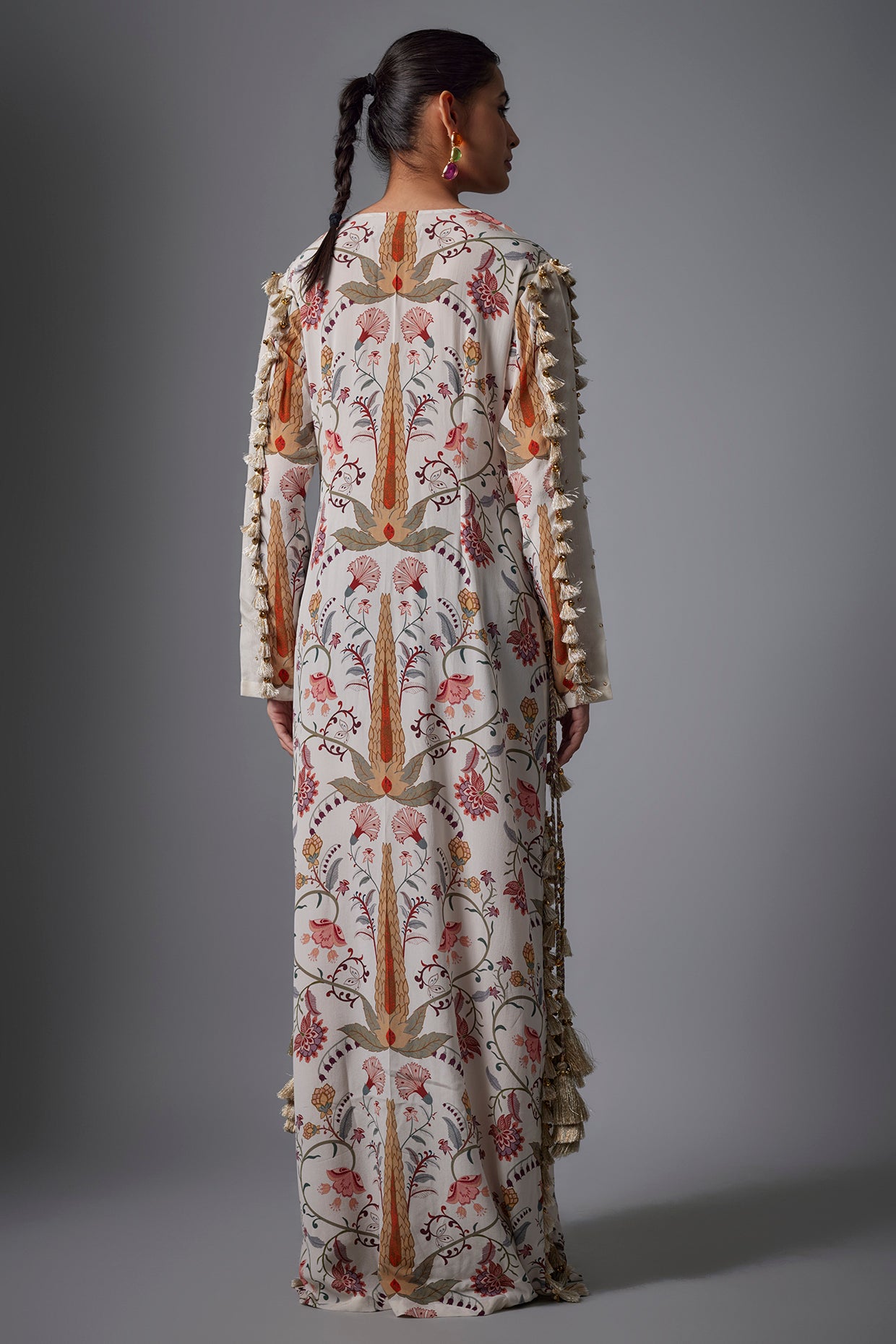 Cream Ochre Forest Whisper Print Embroidered Yoke Beyza Kaftan.