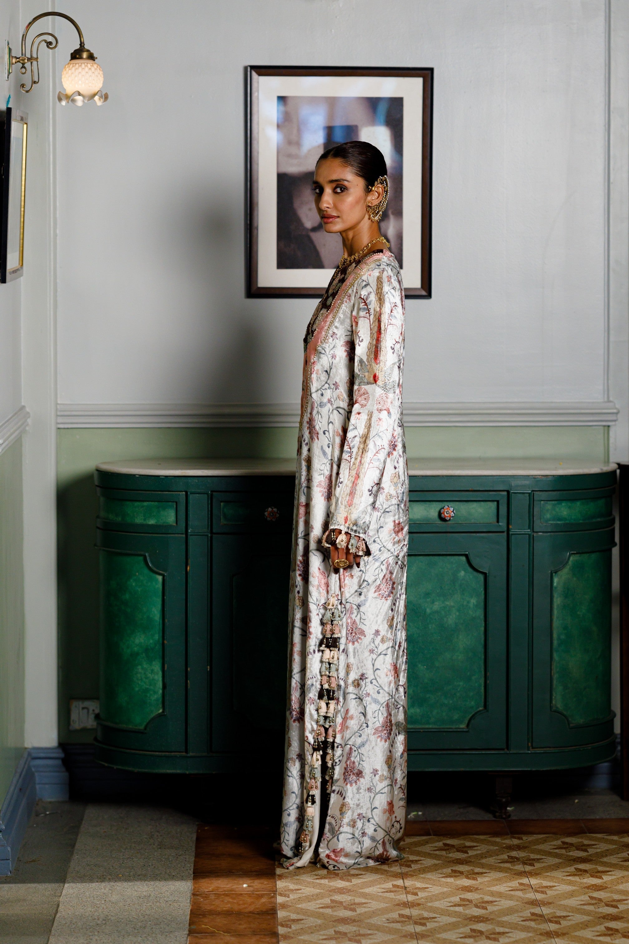 Velvet Ochre Forest Whisper Printed Embroidered Kaftan