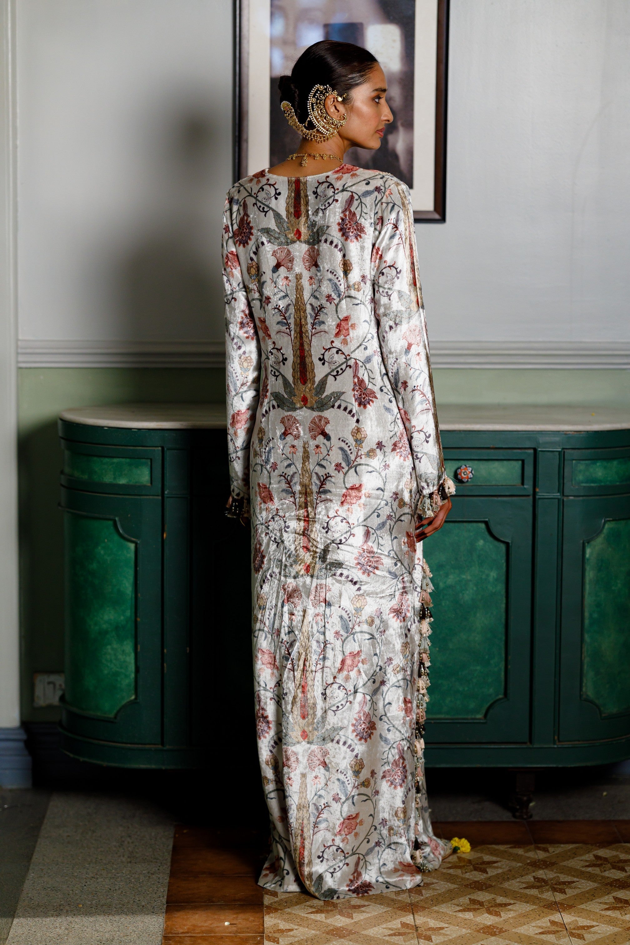 Velvet Ochre Forest Whisper Printed Embroidered Kaftan