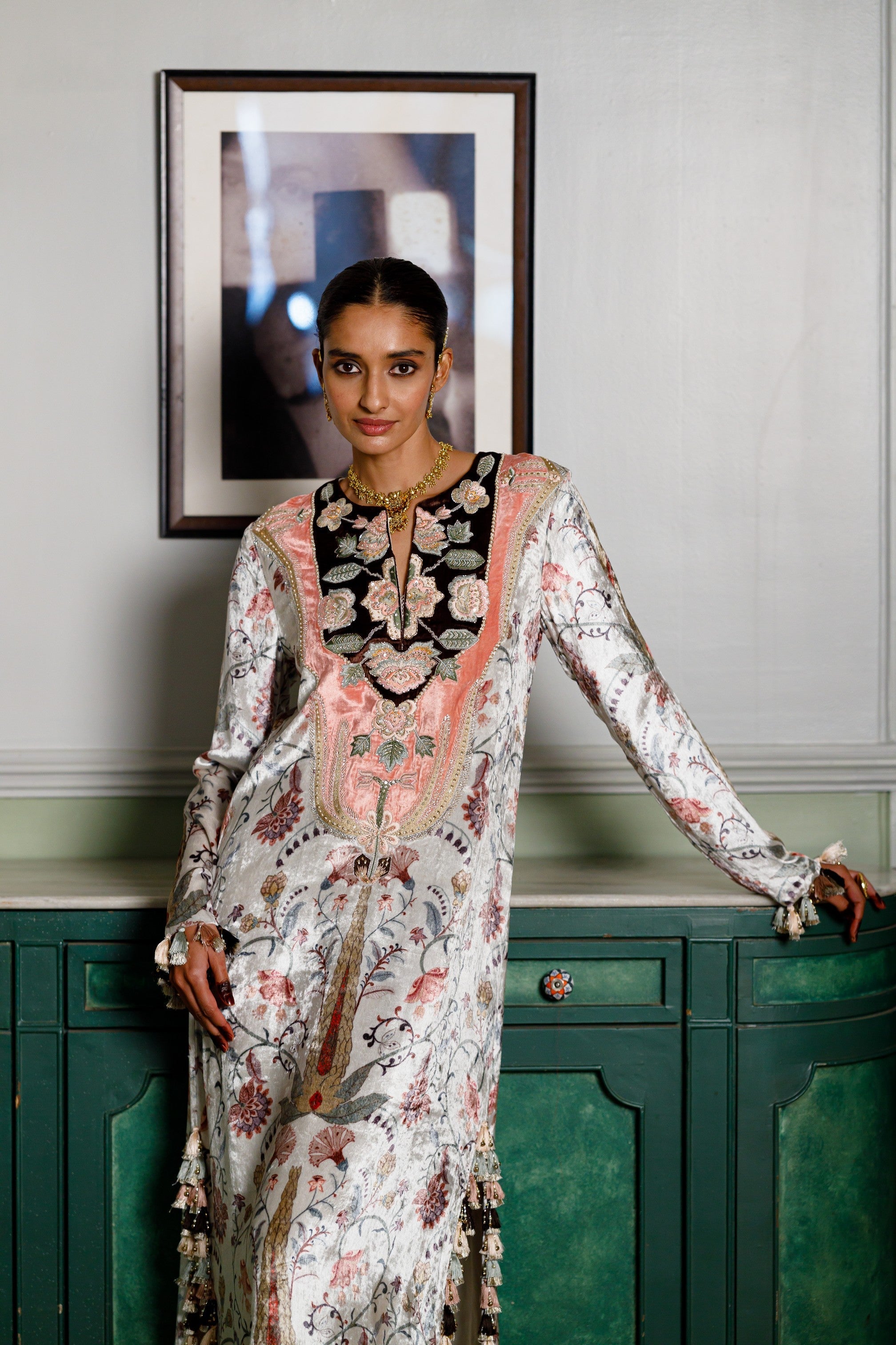 Velvet Ochre Forest Whisper Printed Embroidered Kaftan