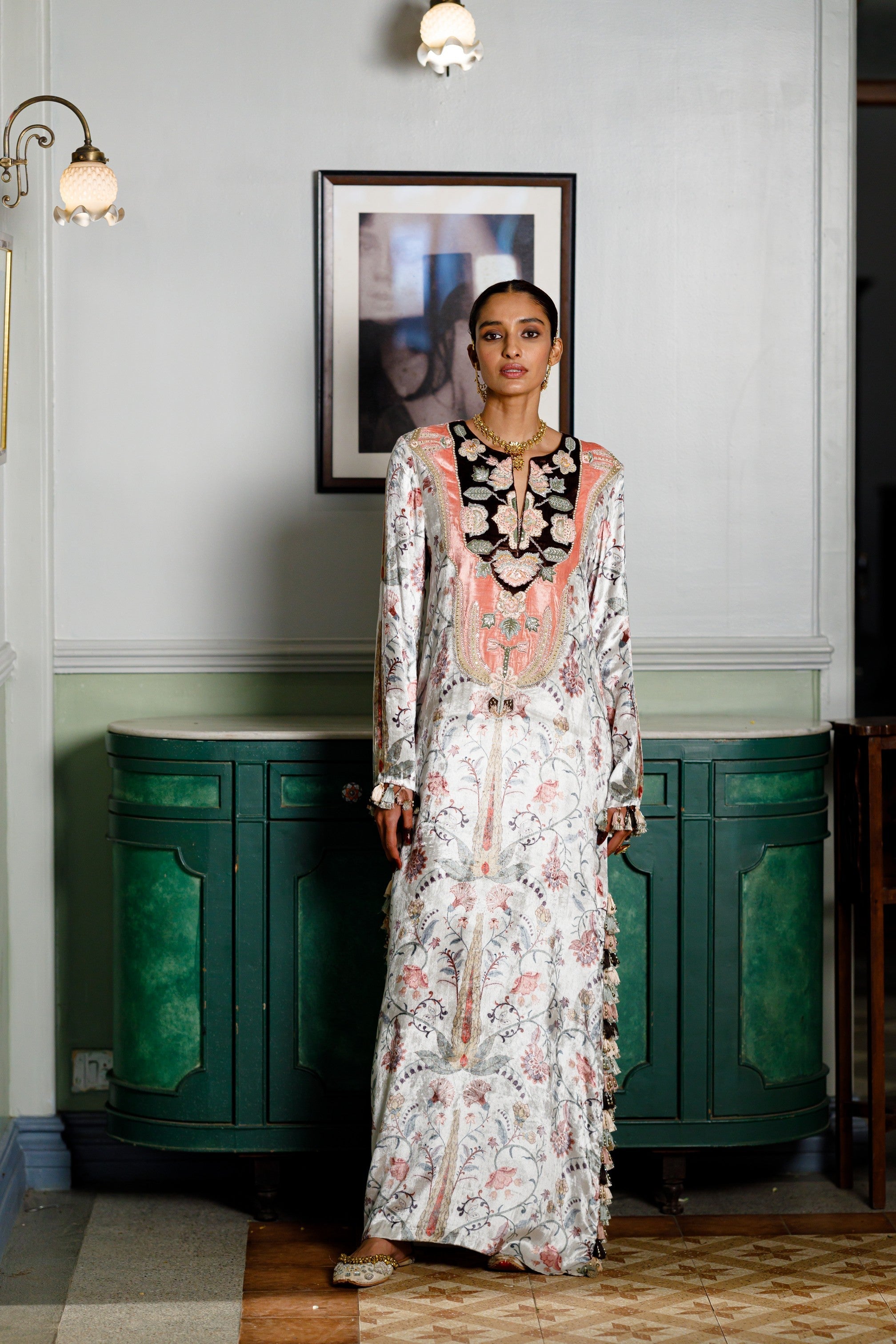 Velvet Ochre Forest Whisper Printed Embroidered Kaftan