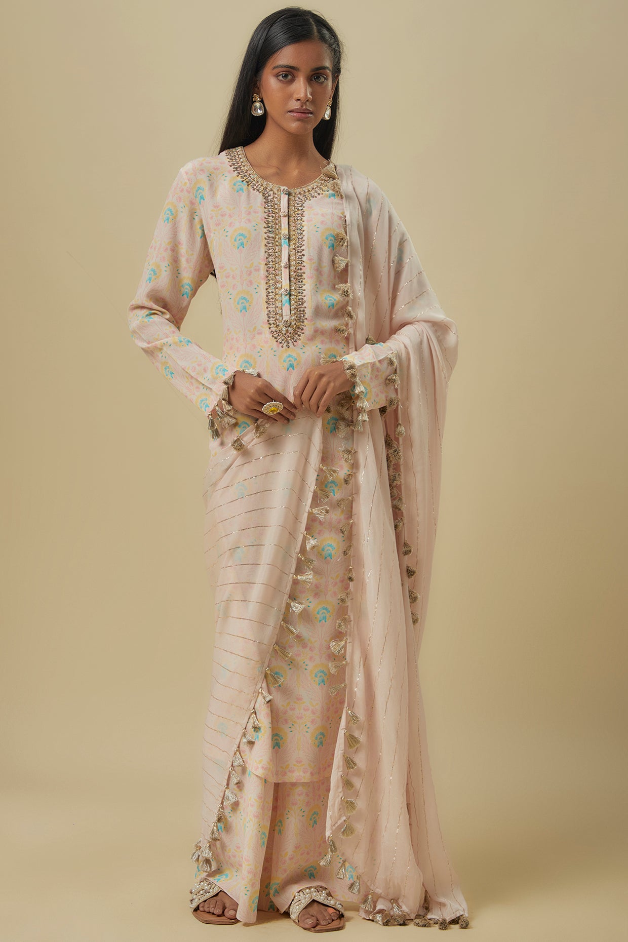 Stone Flower Butta Crepe Embroidered Yoke Kurta With Palazzo And Line Chiffon Dupatta.