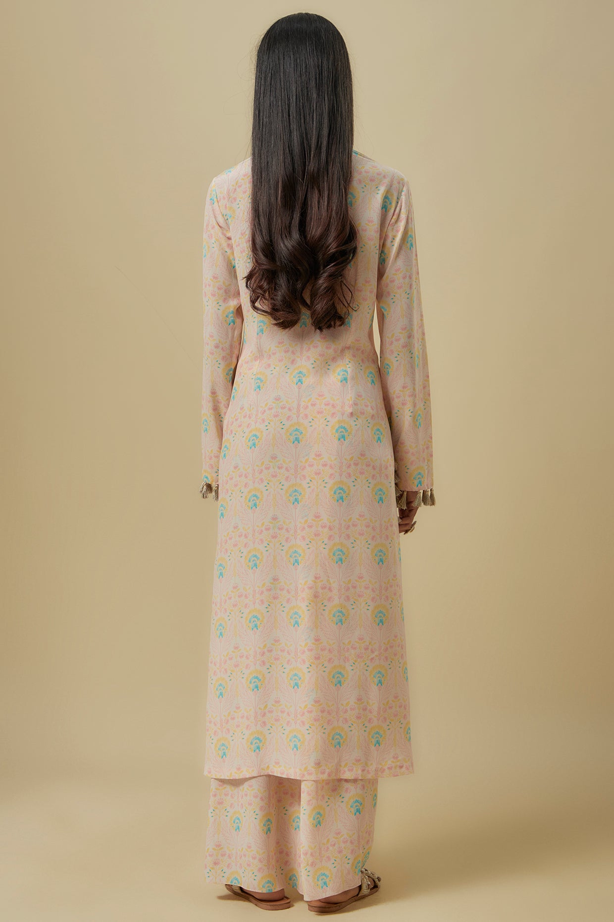 Stone Flower Butta Crepe Embroidered Yoke Kurta With Palazzo And Line Chiffon Dupatta.