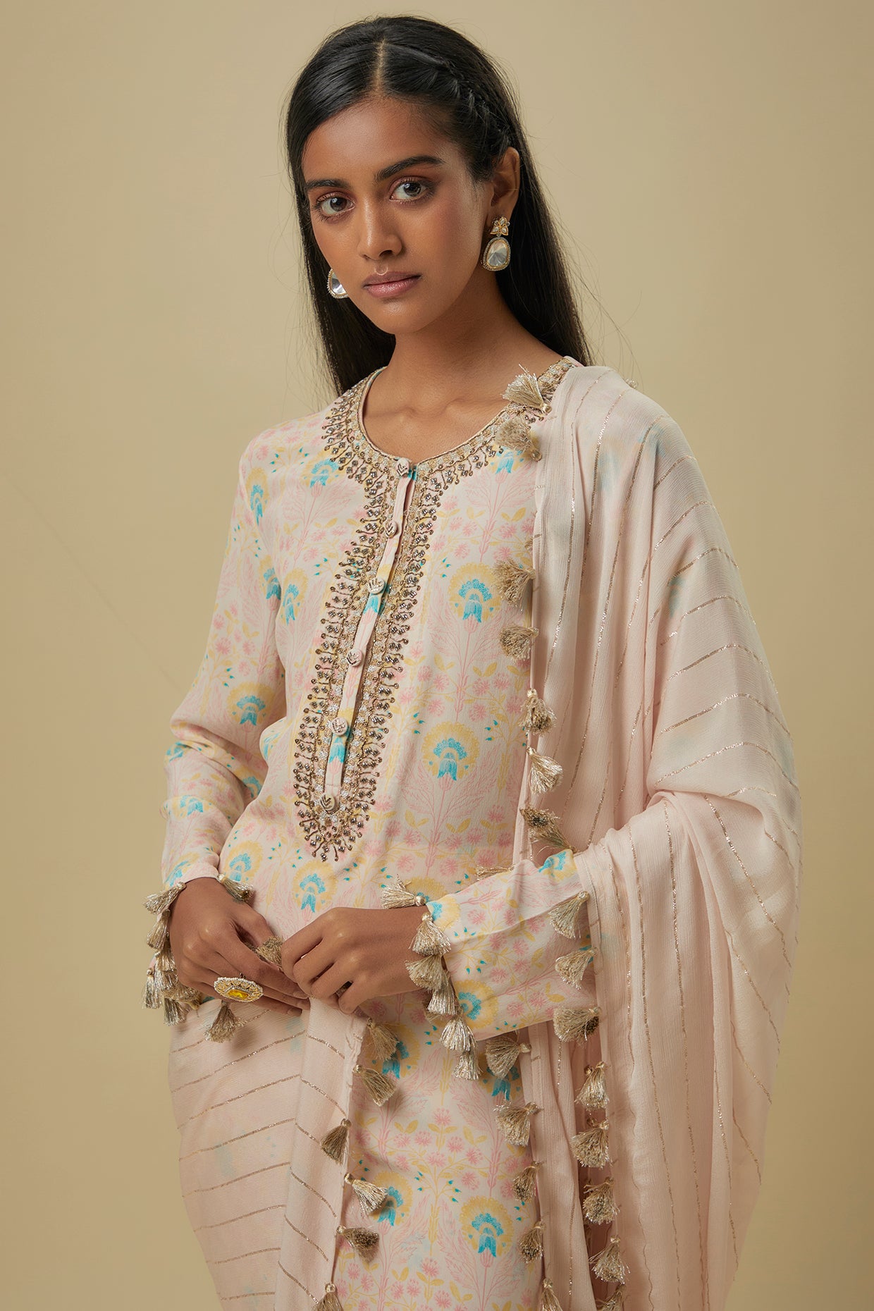 Stone Flower Butta Crepe Embroidered Yoke Kurta With Palazzo And Line Chiffon Dupatta.