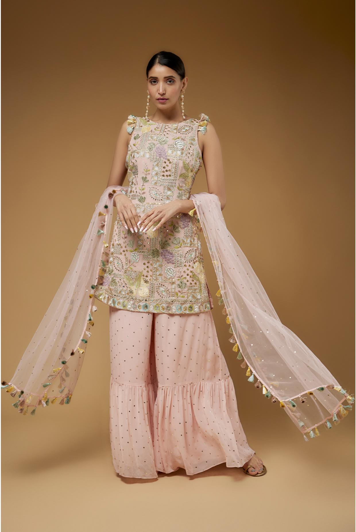 ROSE PINK EMBROIDERED BACKLESS KURTA WITH ONE FRILL SHARARA & DUPATTA