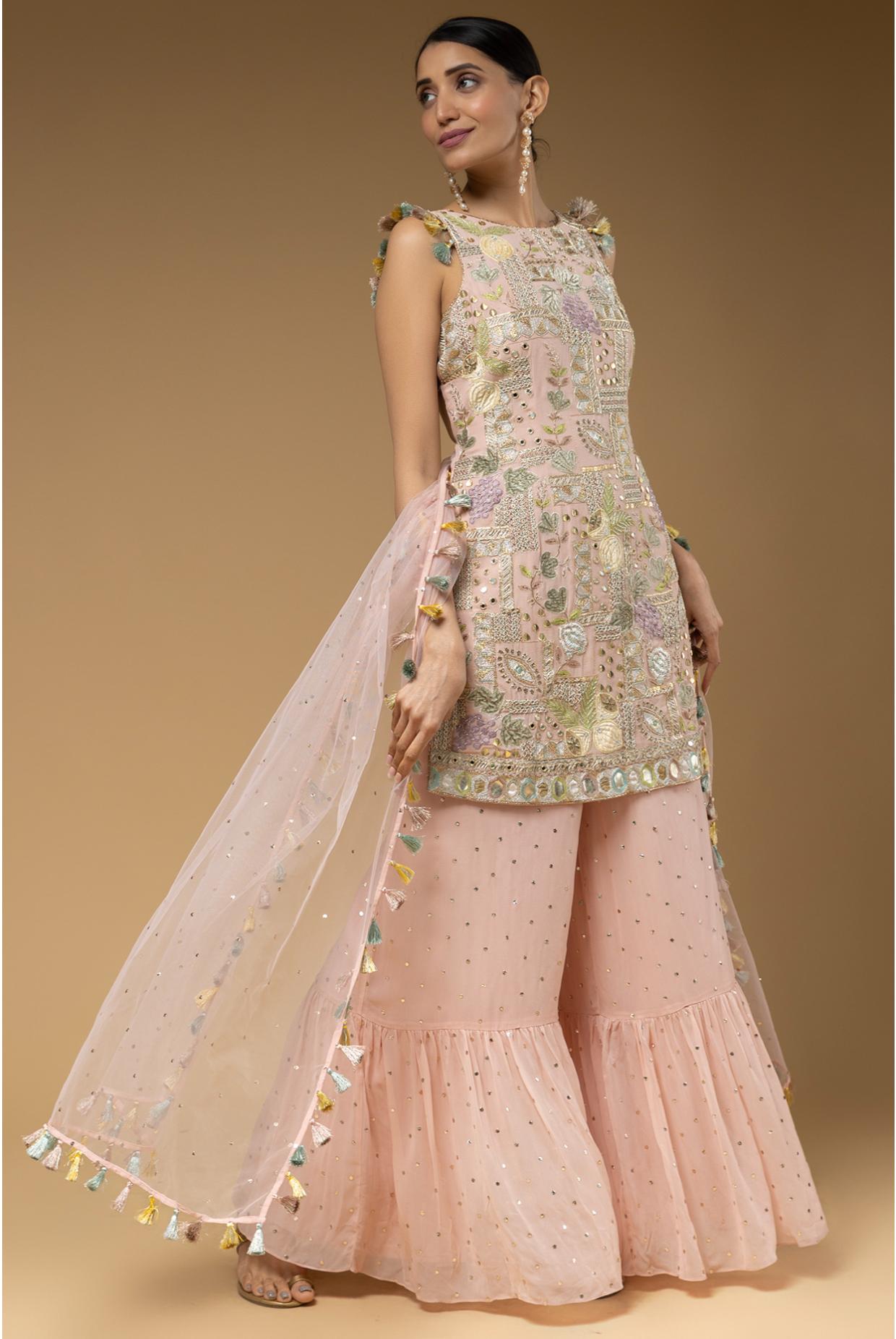 ROSE PINK EMBROIDERED BACKLESS KURTA WITH ONE FRILL SHARARA & DUPATTA