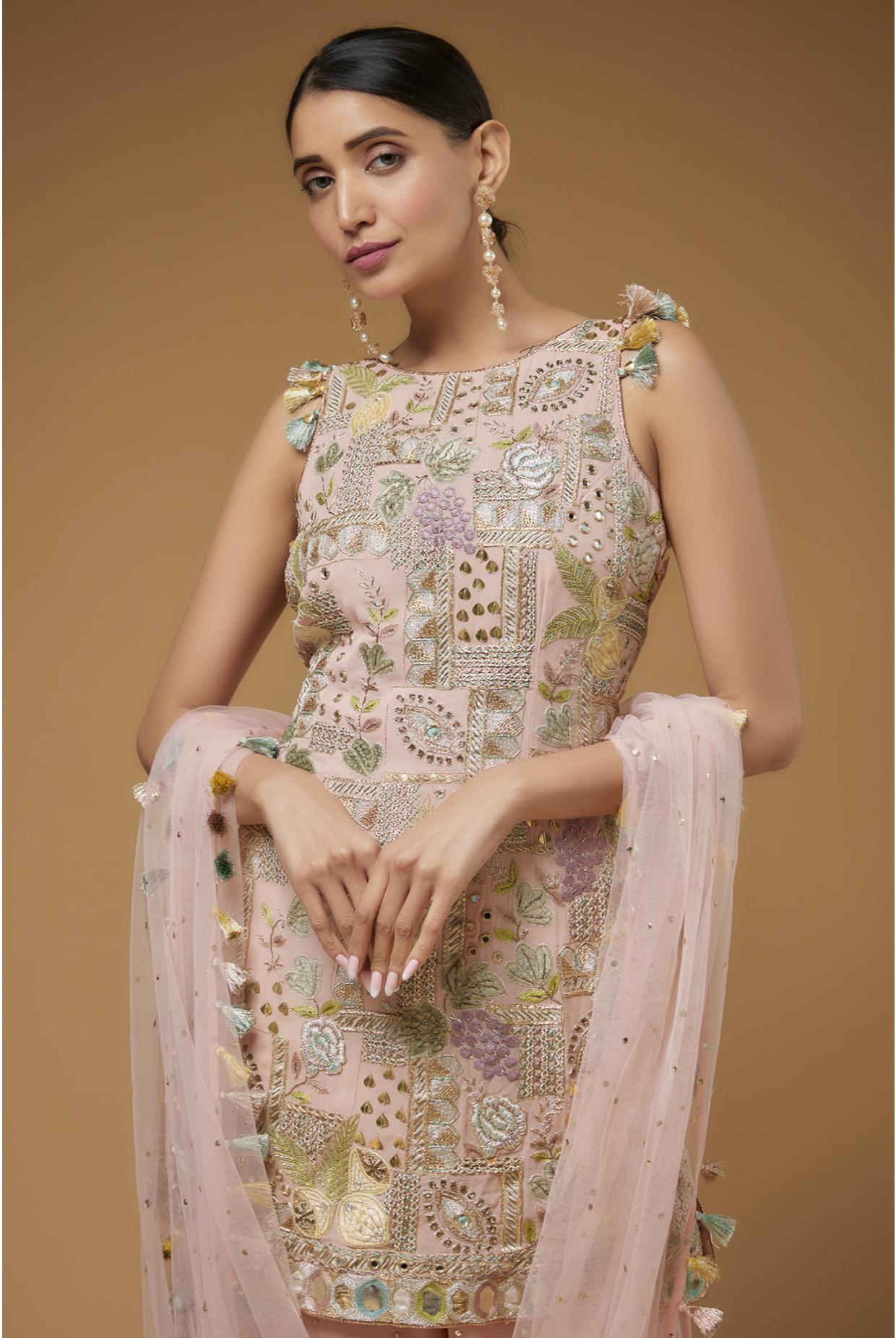 ROSE PINK EMBROIDERED BACKLESS KURTA WITH ONE FRILL SHARARA & DUPATTA