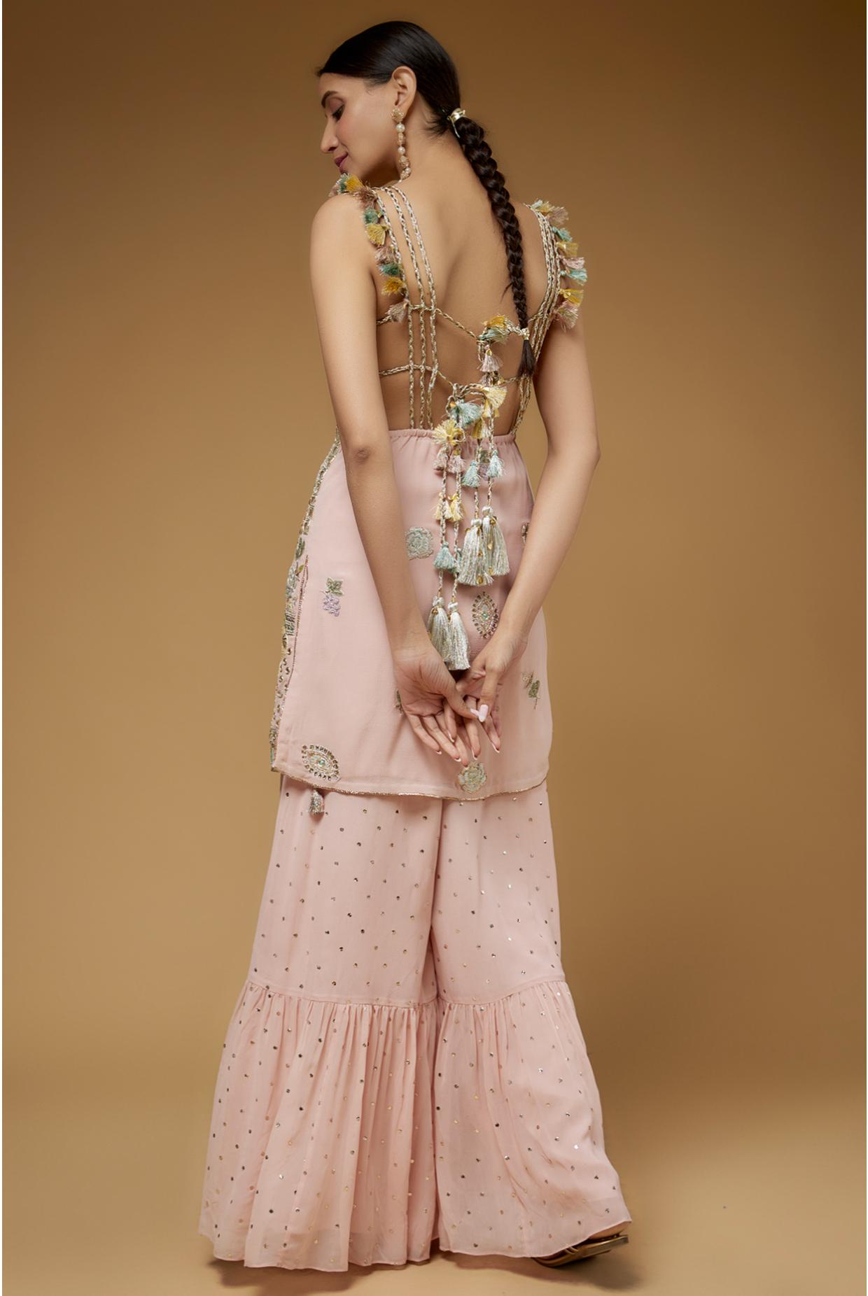 ROSE PINK EMBROIDERED BACKLESS KURTA WITH ONE FRILL SHARARA & DUPATTA