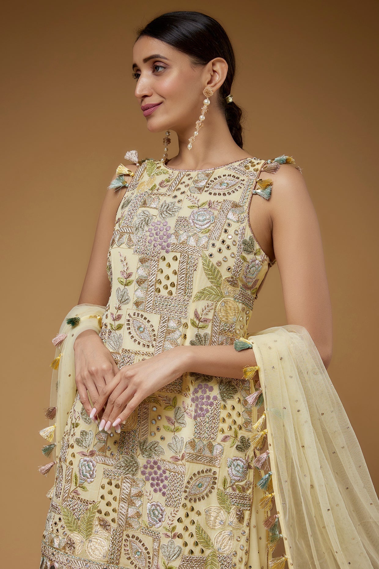 Pale Yellow Embroidered Back Tie-Up Kurta With One Frill Sharara And Dupatta