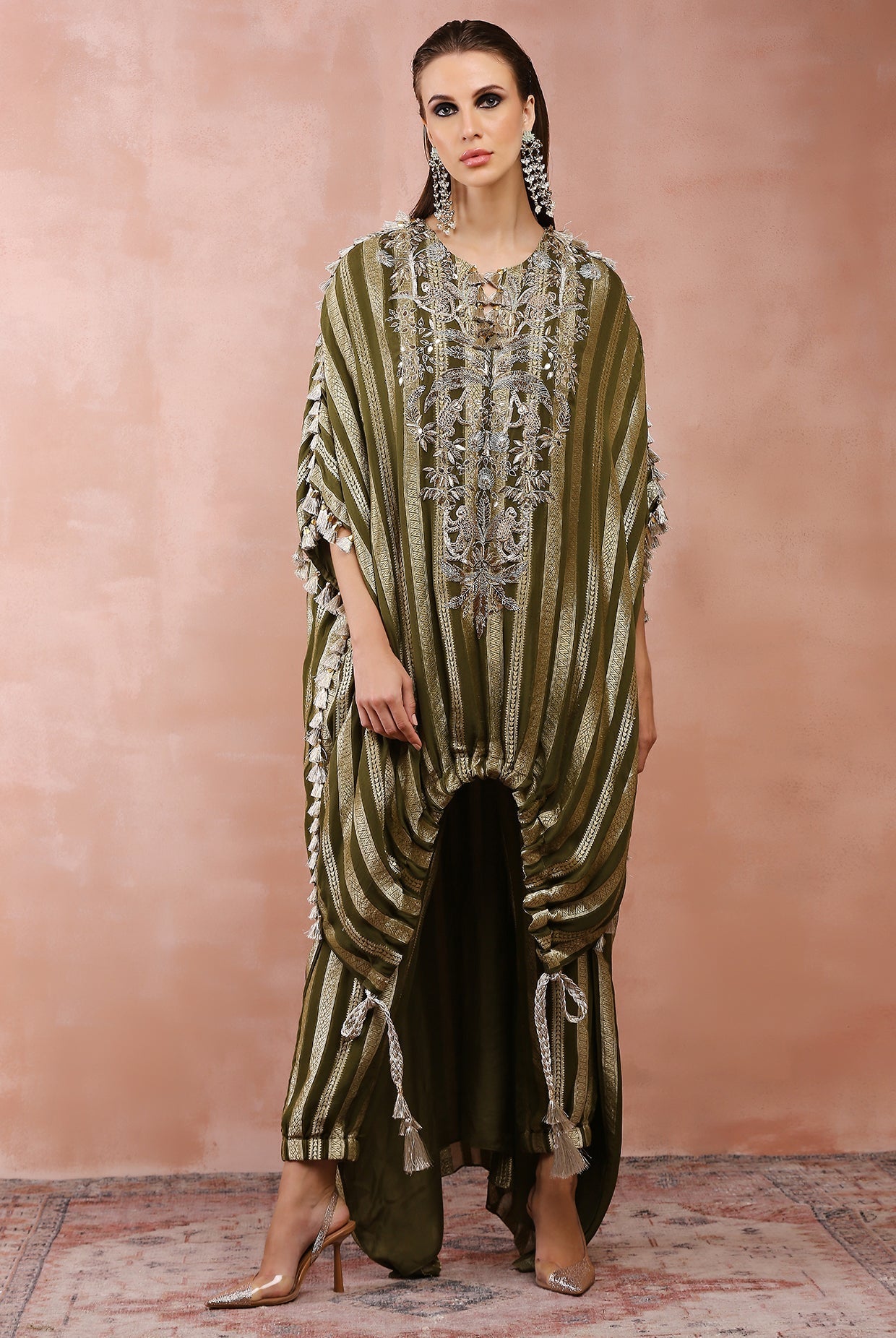 OLIVE EMBROIDERED HIGH LOW KAFTAN WITH JOGGER PANT