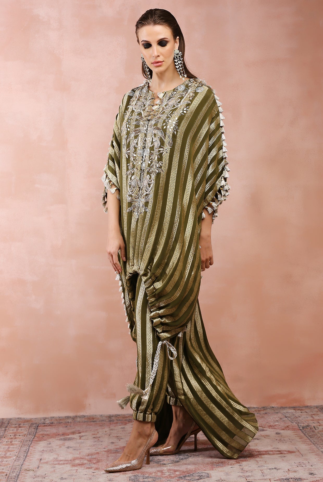 OLIVE EMBROIDERED HIGH LOW KAFTAN WITH JOGGER PANT