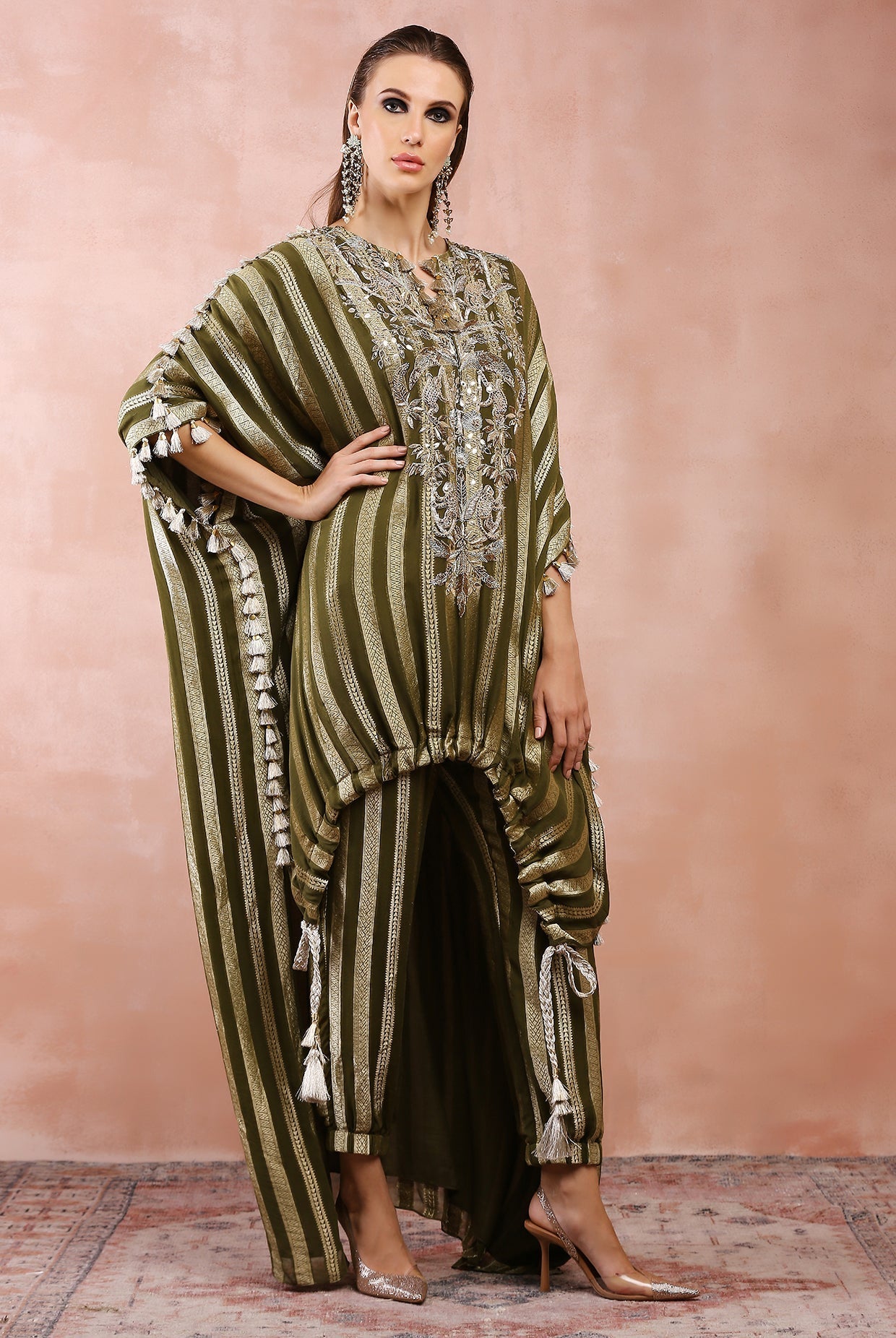OLIVE EMBROIDERED HIGH LOW KAFTAN WITH JOGGER PANT