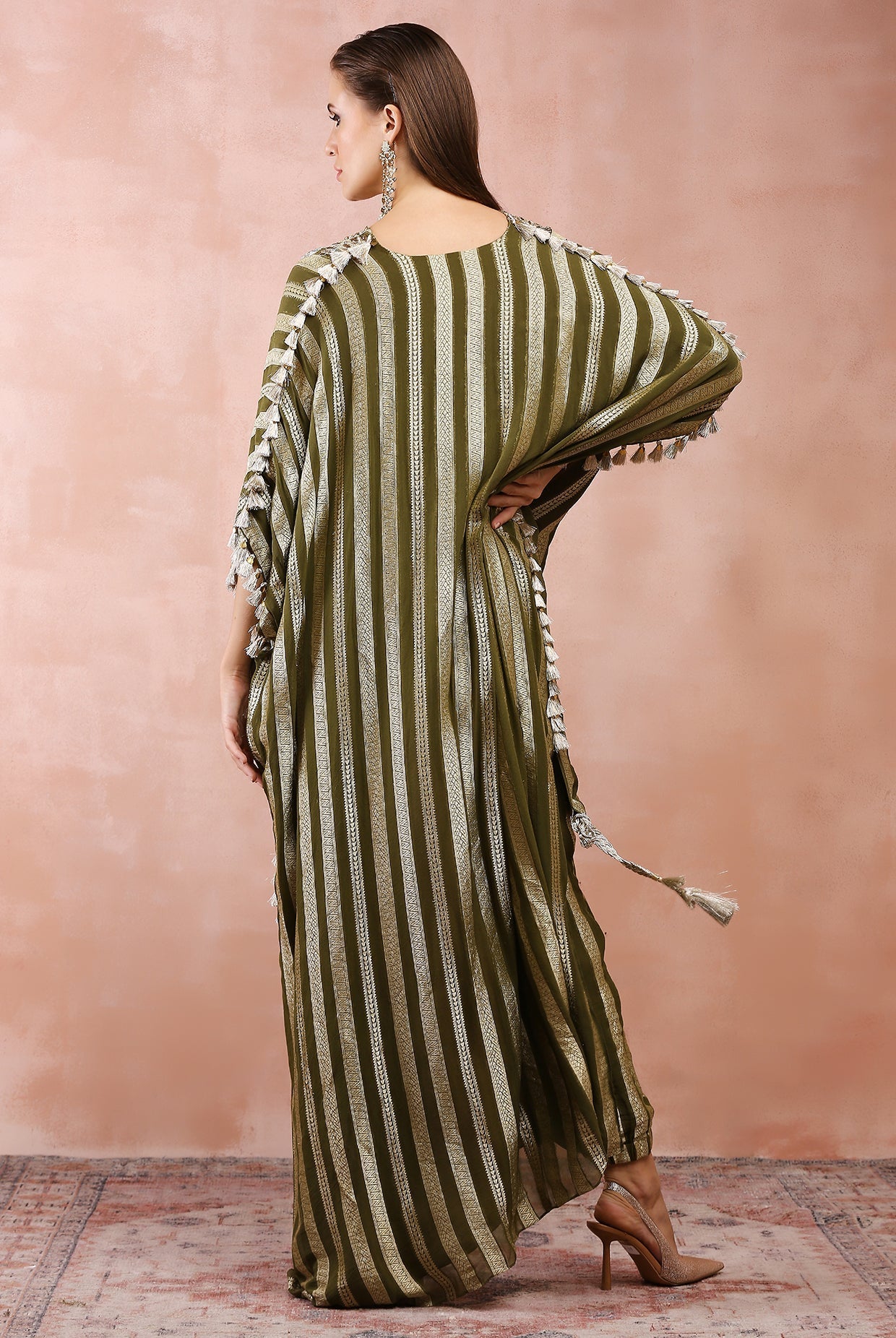 OLIVE EMBROIDERED HIGH LOW KAFTAN WITH JOGGER PANT