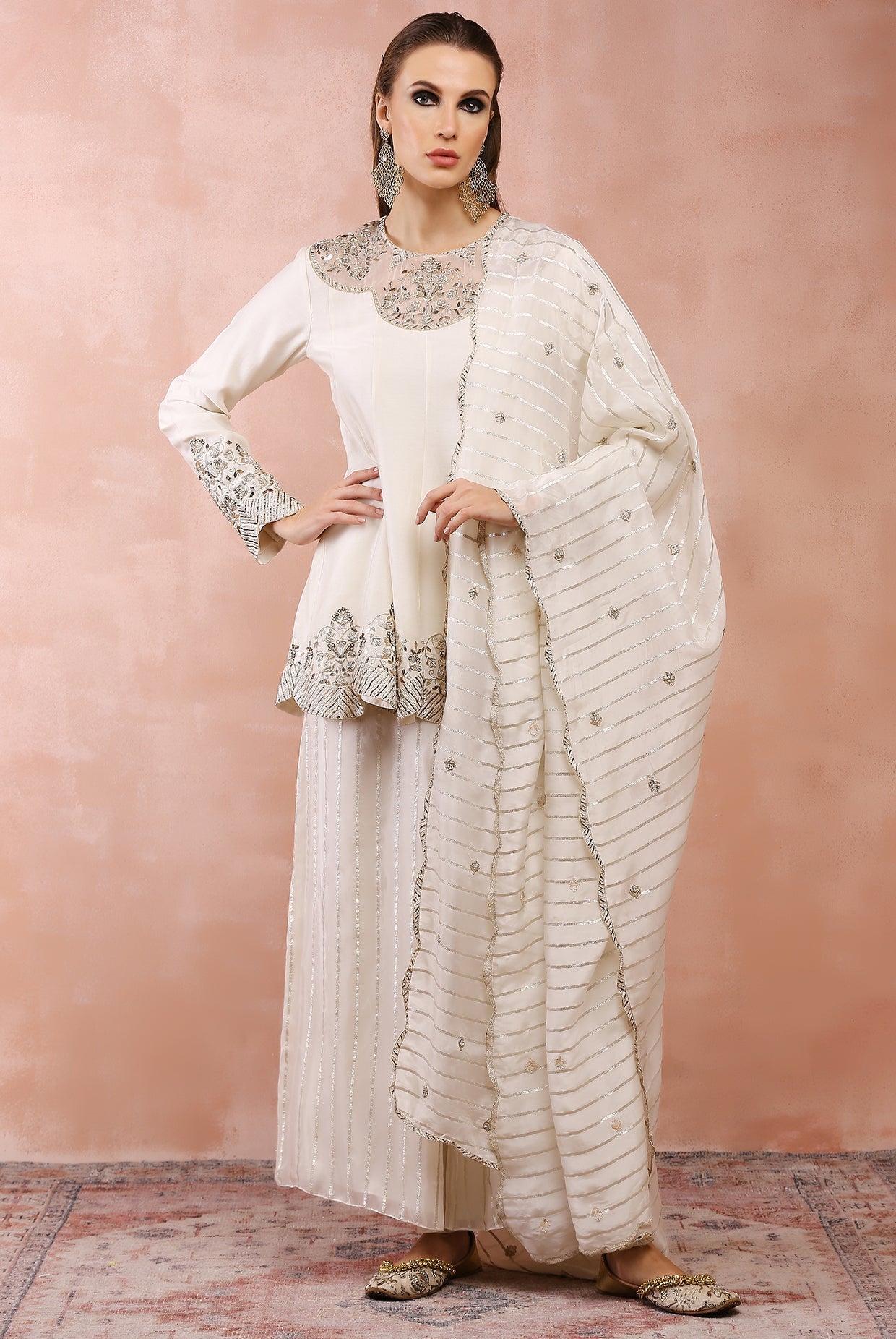 Off White Embroidered Kurta With Palazzo And Dupatta