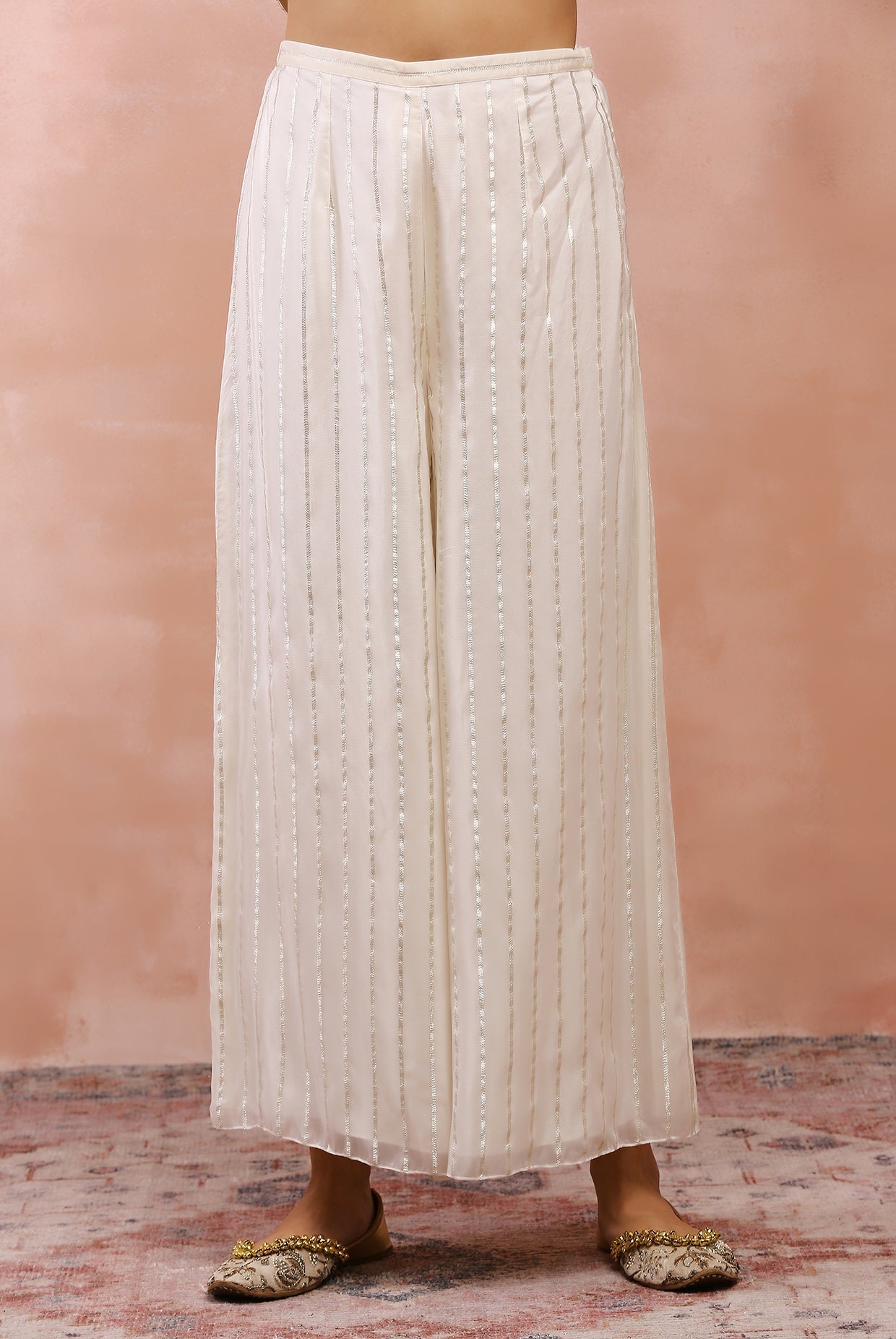 Off White Embroidered Kurta With Palazzo And Dupatta