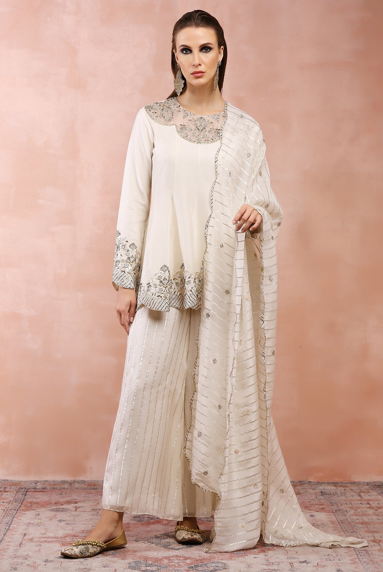 Off White Embroidered Kurta With Palazzo And Dupatta