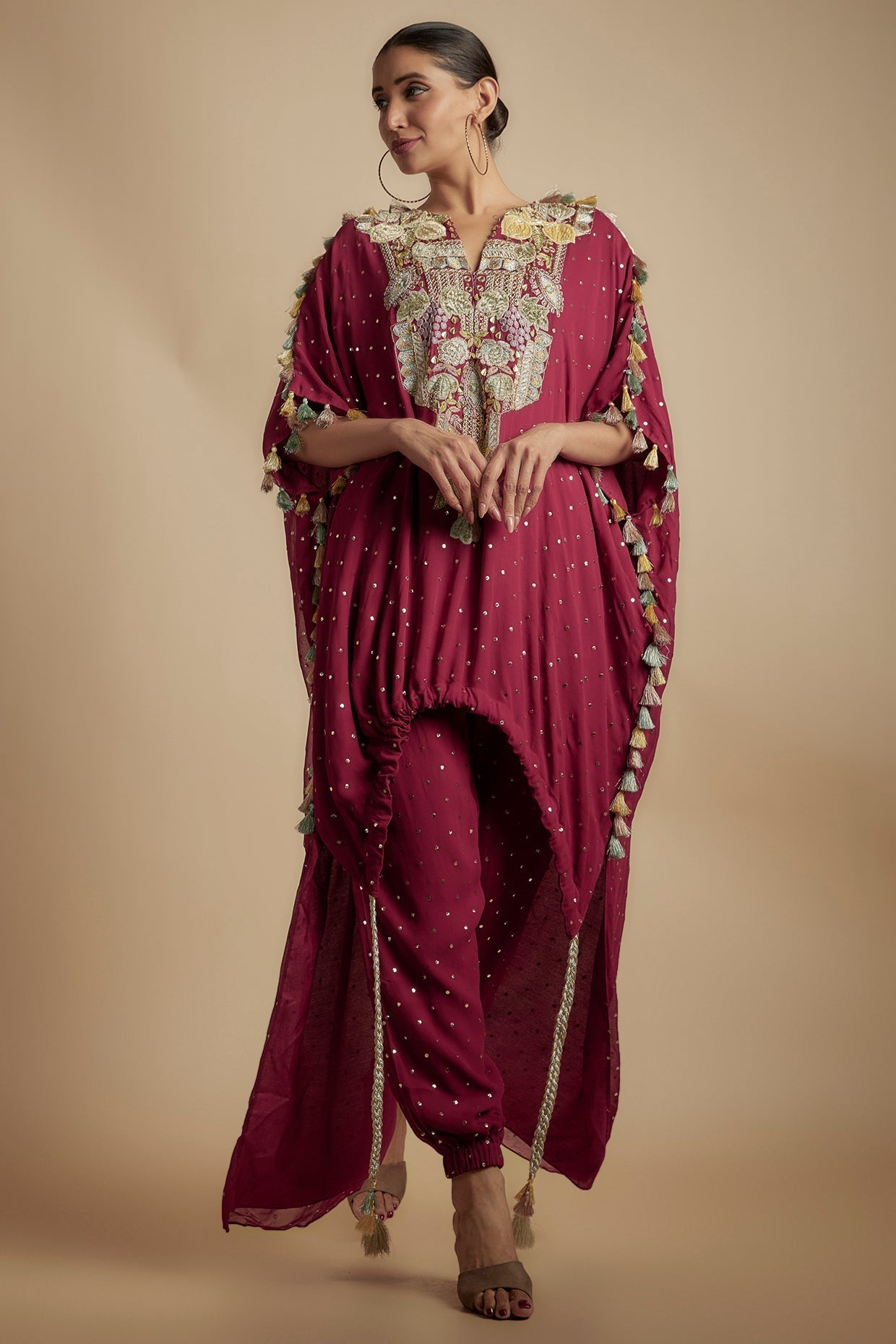 Maroon Embroidered High Low Kurta With Jogger Pant