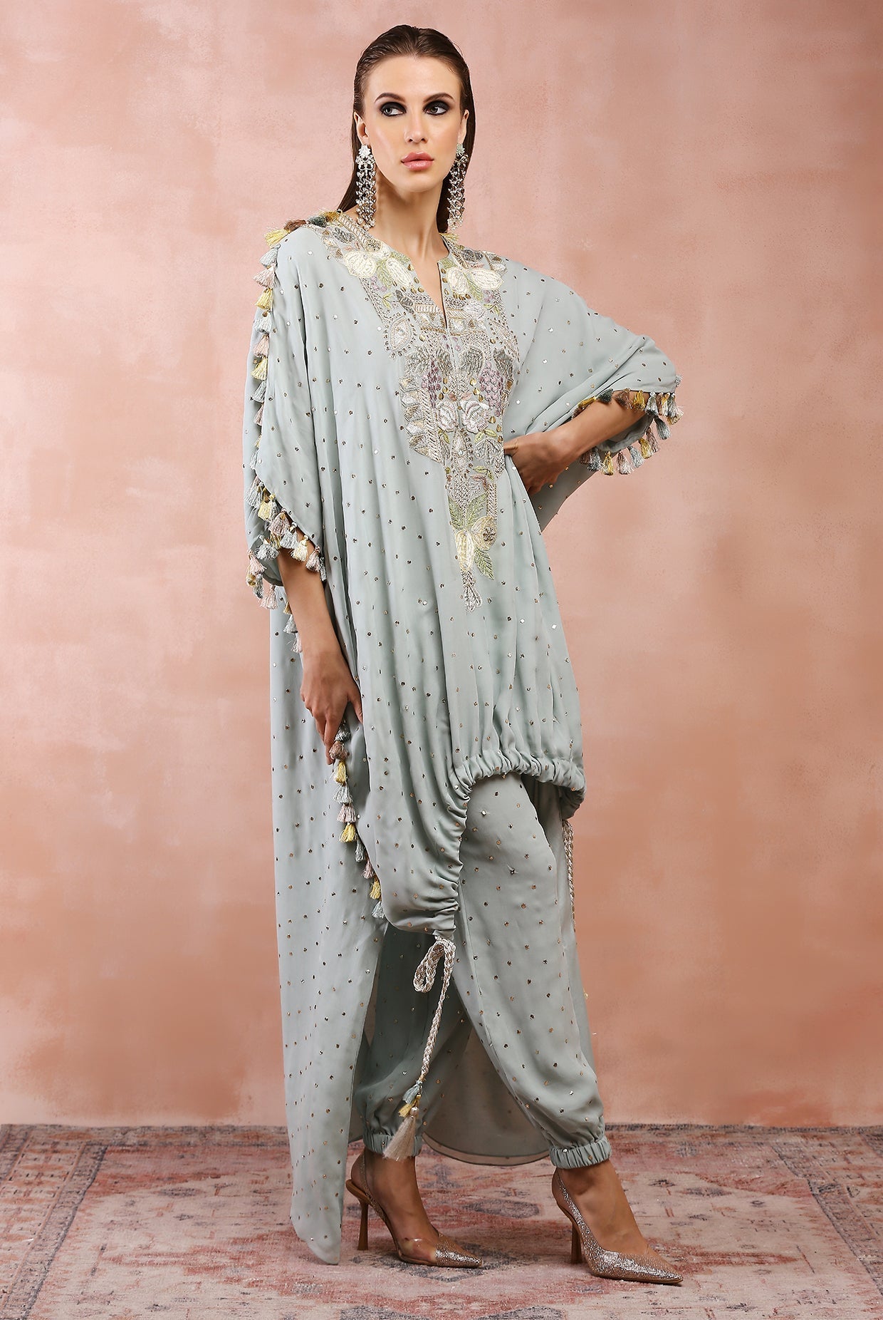 POWDER BLUE EMBROIDERED HIGH LOW KURTA WITH JOGGER PANT