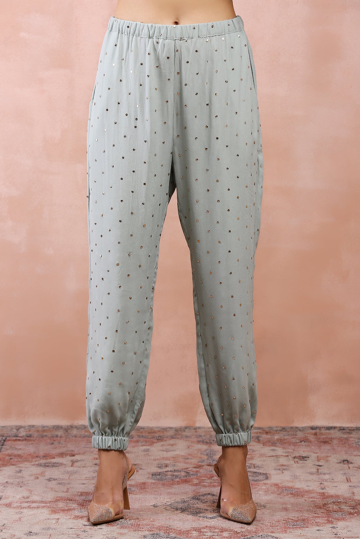 POWDER BLUE EMBROIDERED HIGH LOW KURTA WITH JOGGER PANT