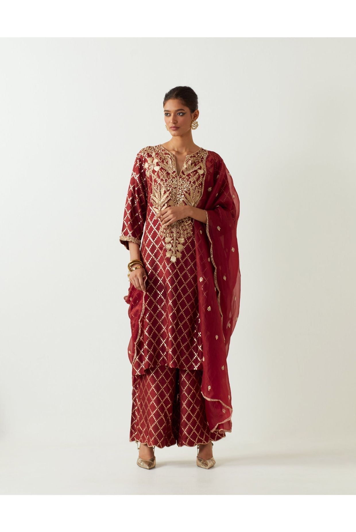 MAROON EMBROIDERED KURTA WITH PANT AND EMBROIDERED DUPATTA