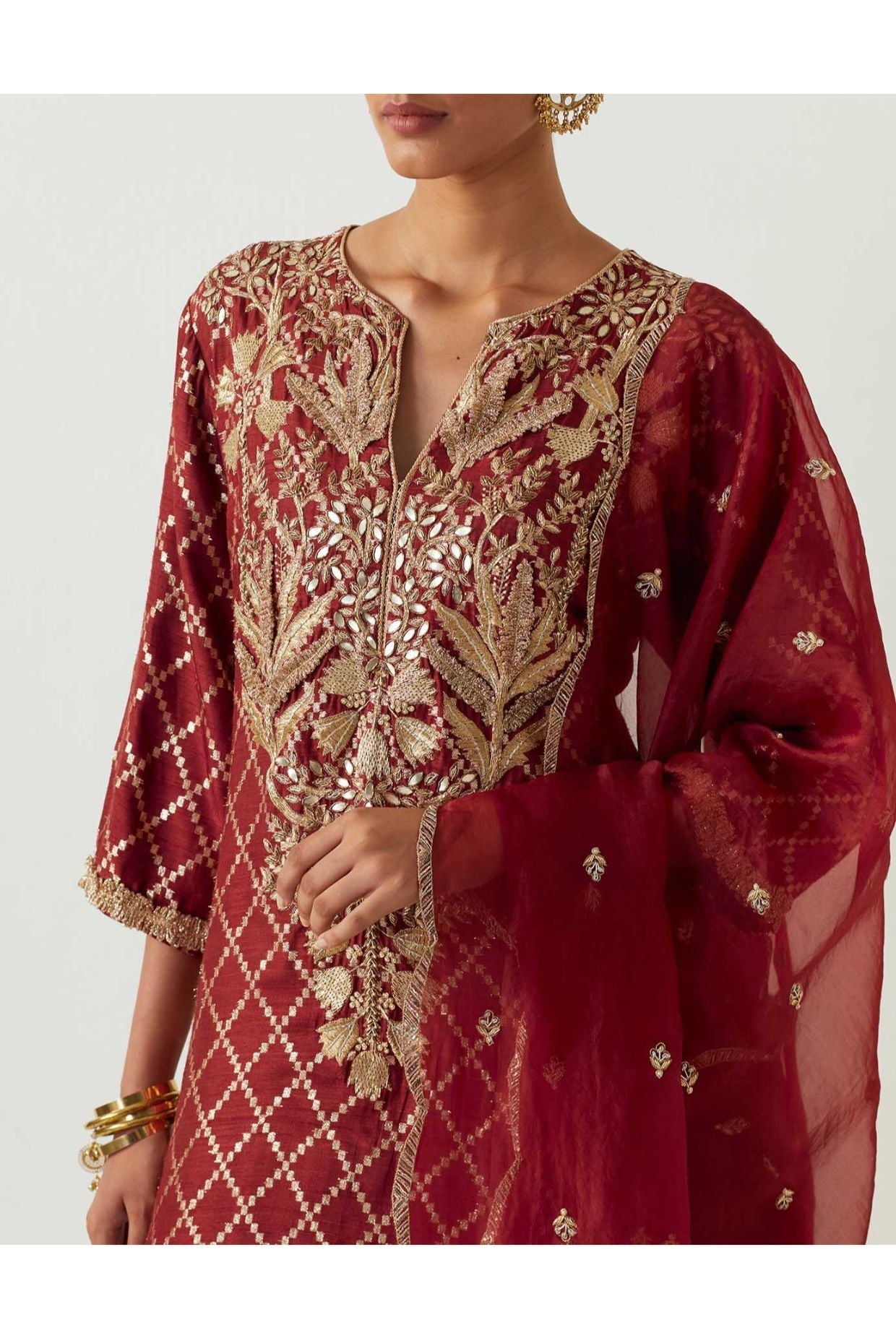 MAROON EMBROIDERED KURTA WITH PANT AND EMBROIDERED DUPATTA