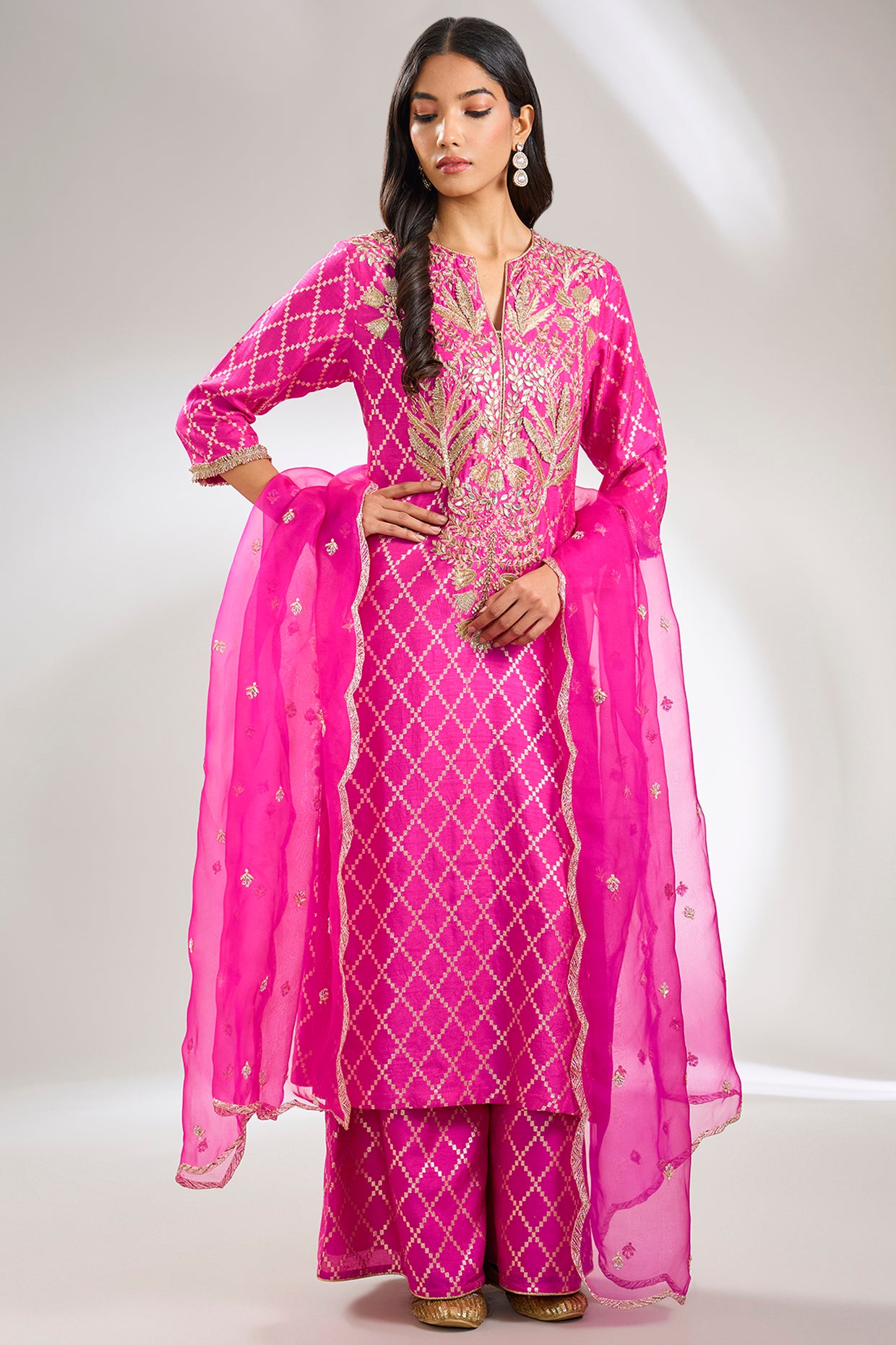 Hot Pink Embroidered Kurta With Pant And Embroidered Dupatta
