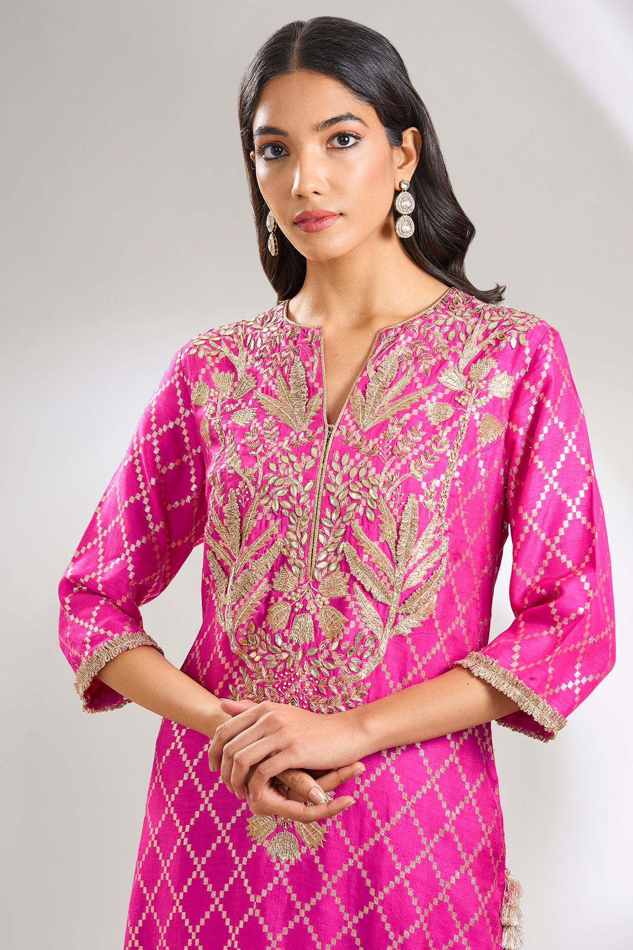Hot Pink Embroidered Kurta With Pant And Embroidered Dupatta