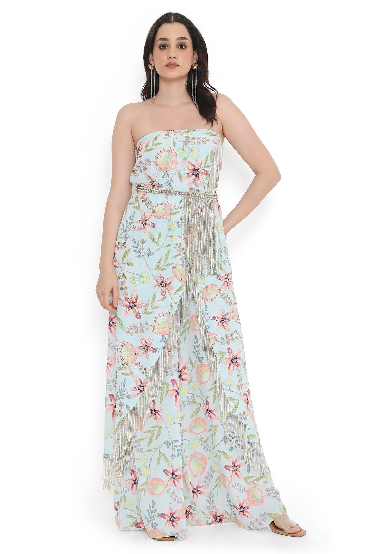 Lavender Embroidered Tube Kurta With Leather Embroidered Belt And Printed Palazzo