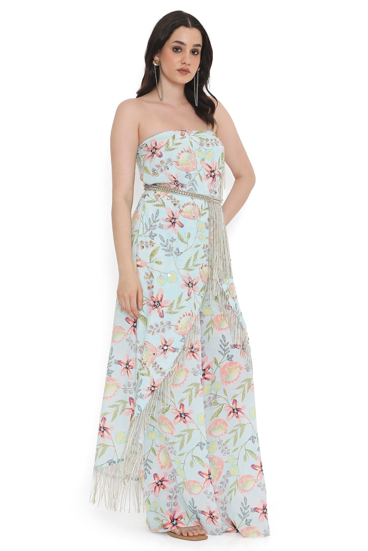 Lavender Embroidered Tube Kurta With Leather Embroidered Belt And Printed Palazzo