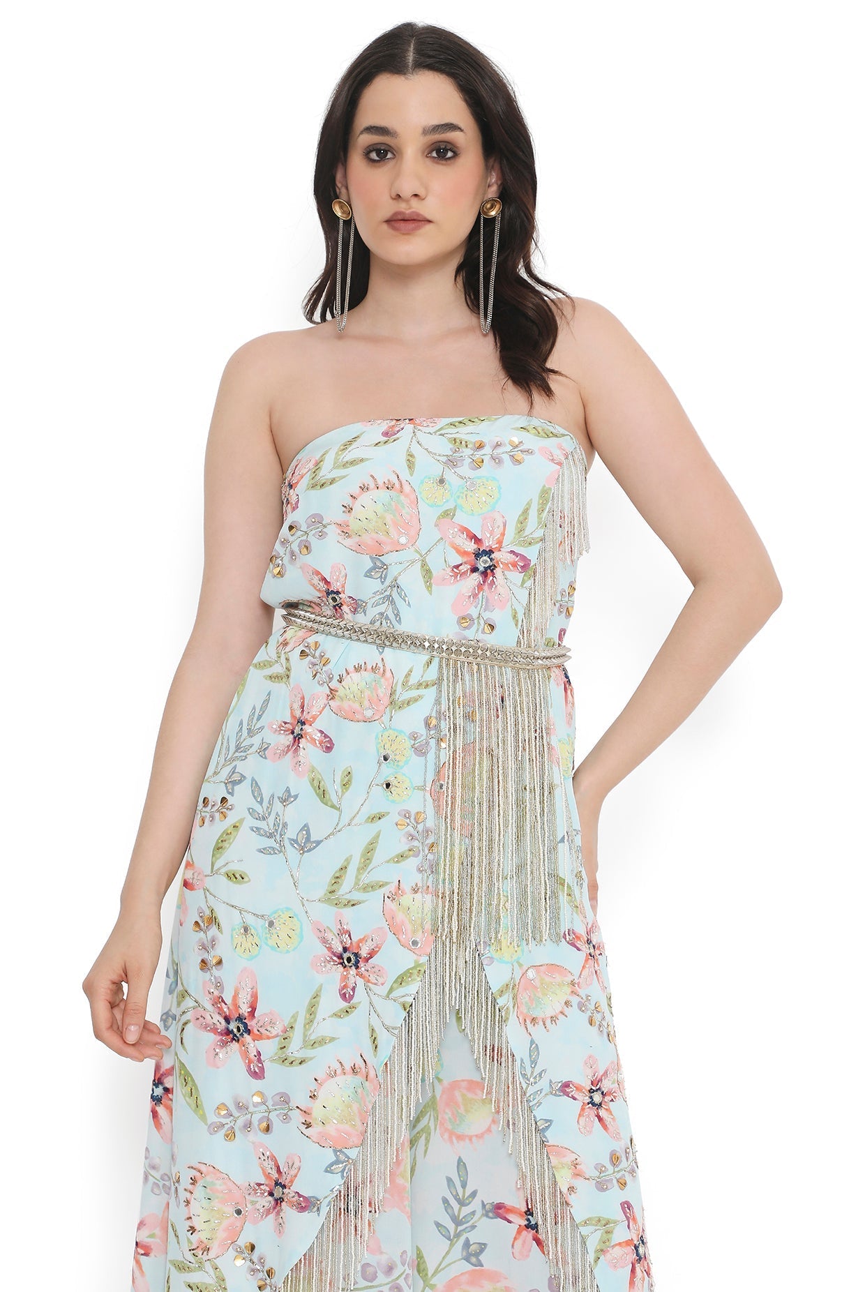 Lavender Embroidered Tube Kurta With Leather Embroidered Belt And Printed Palazzo