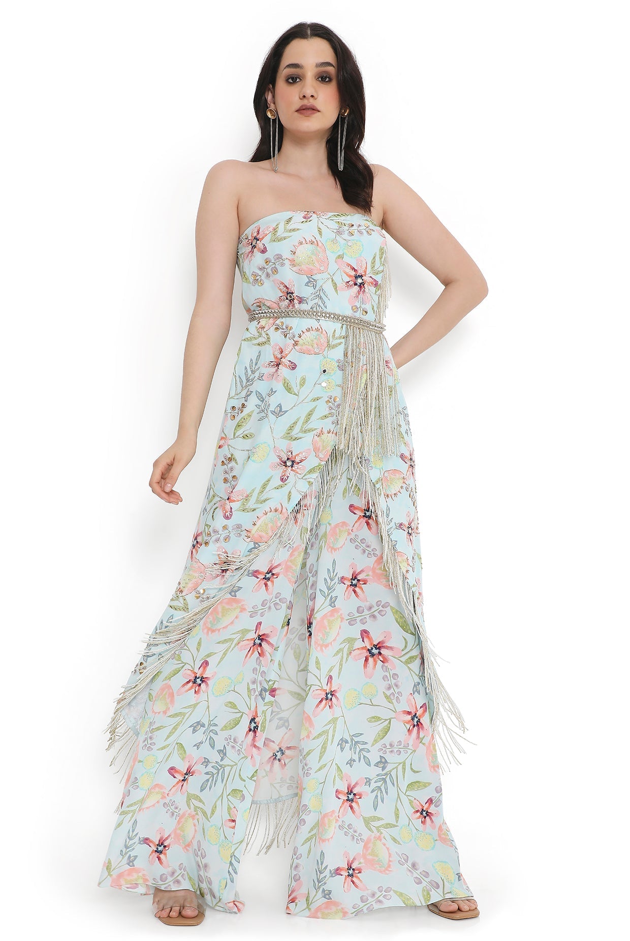 Lavender Embroidered Tube Kurta With Leather Embroidered Belt And Printed Palazzo