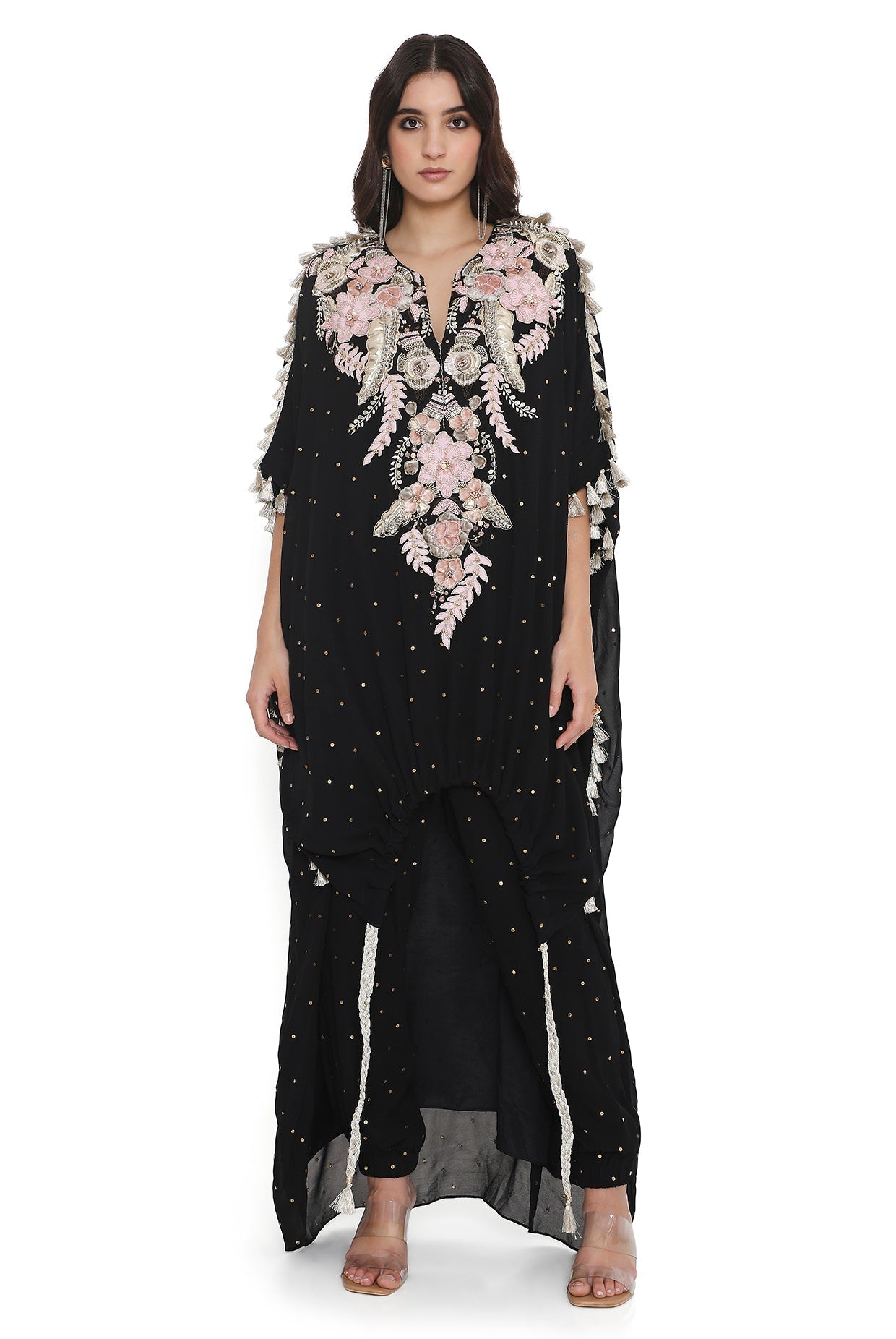 Black Embroidered High Low Kaftan With Jogger Pant