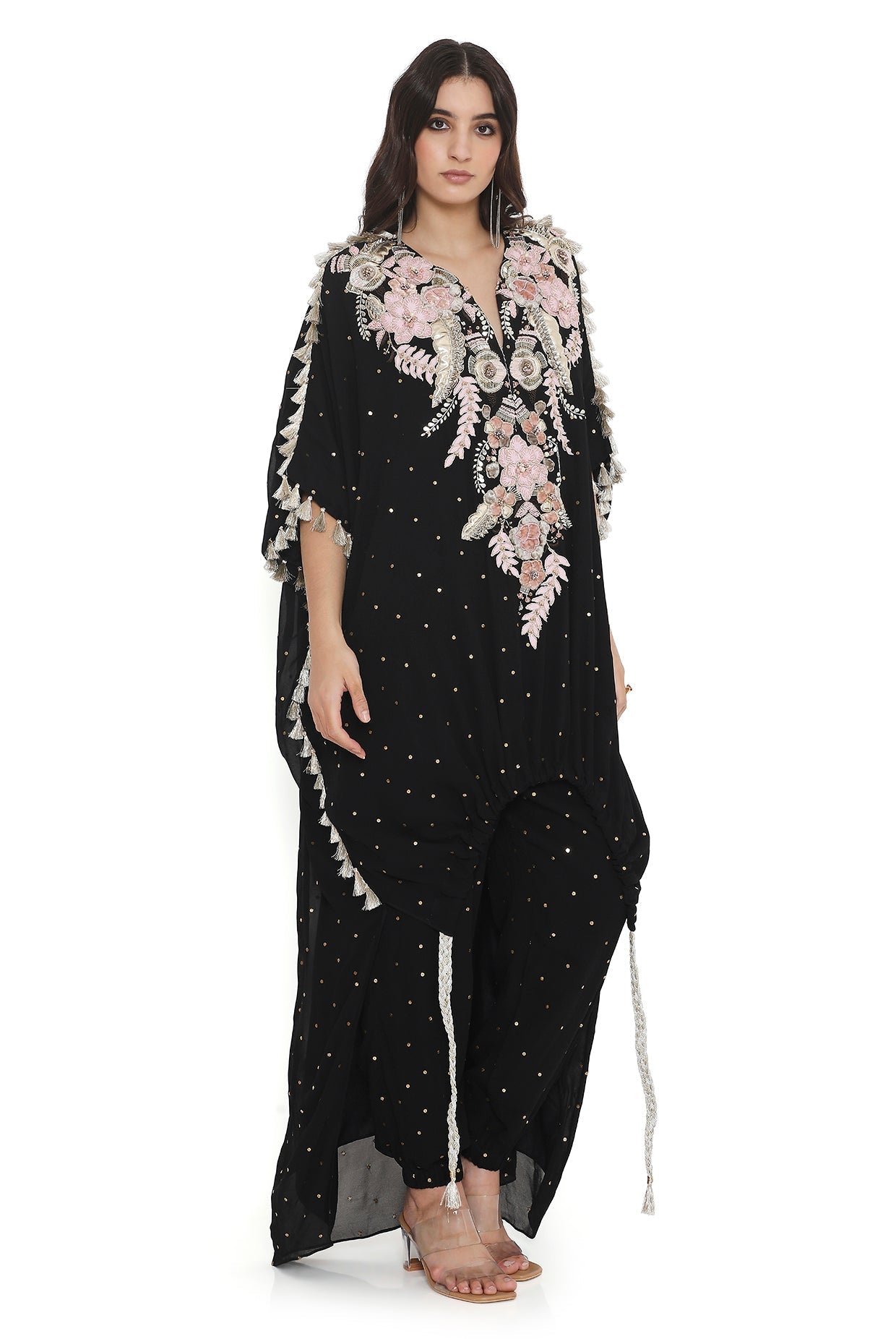 Black Embroidered High Low Kaftan With Jogger Pant