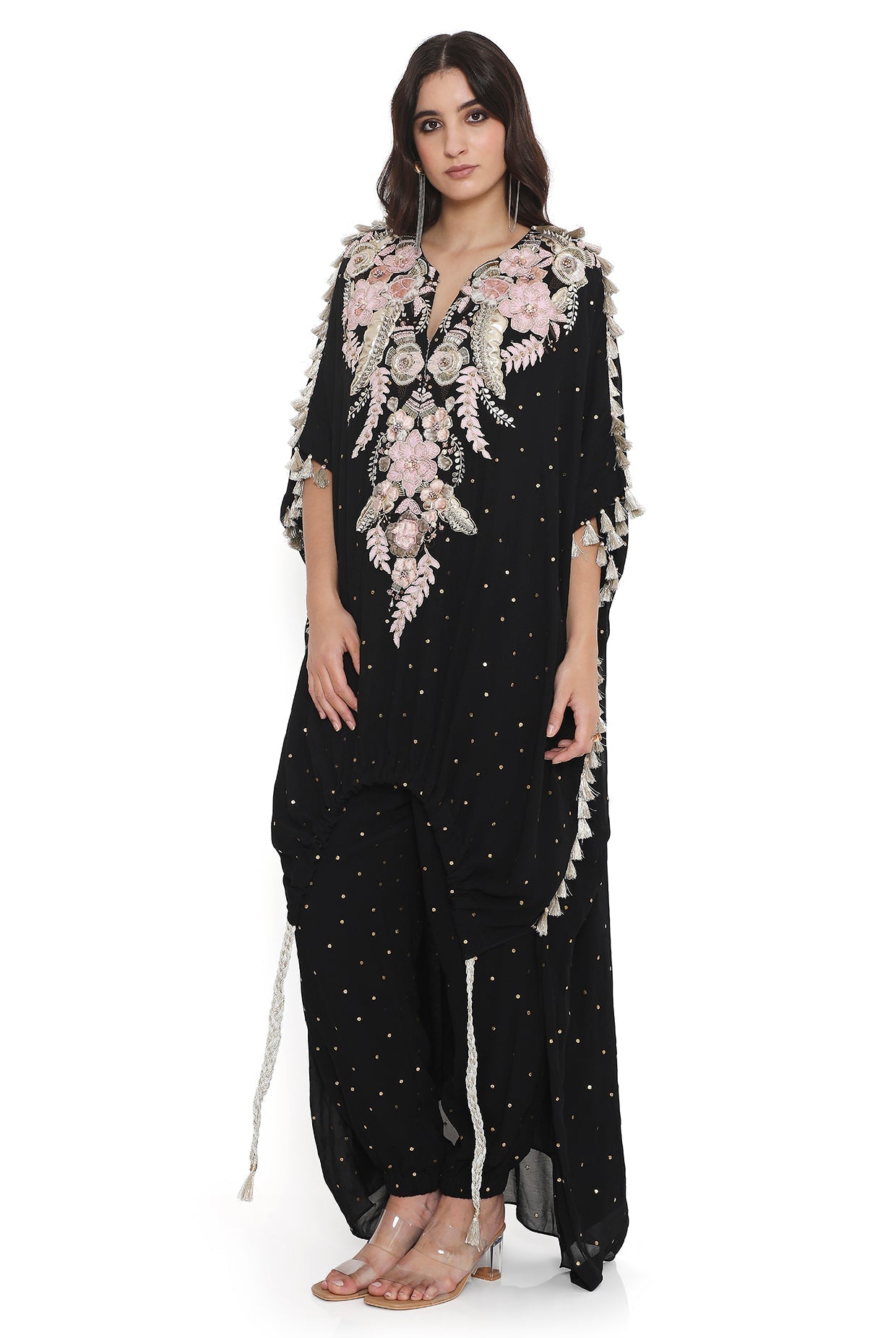 Black Embroidered High Low Kaftan With Jogger Pant