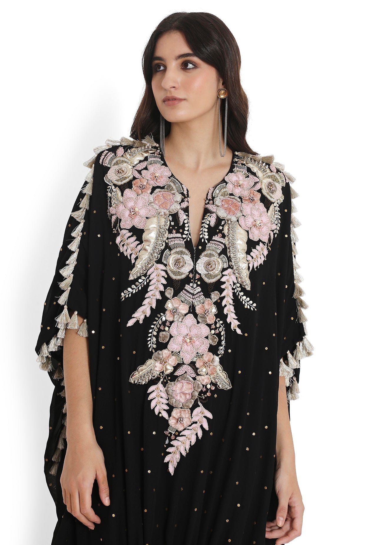 Black Embroidered High Low Kaftan With Jogger Pant