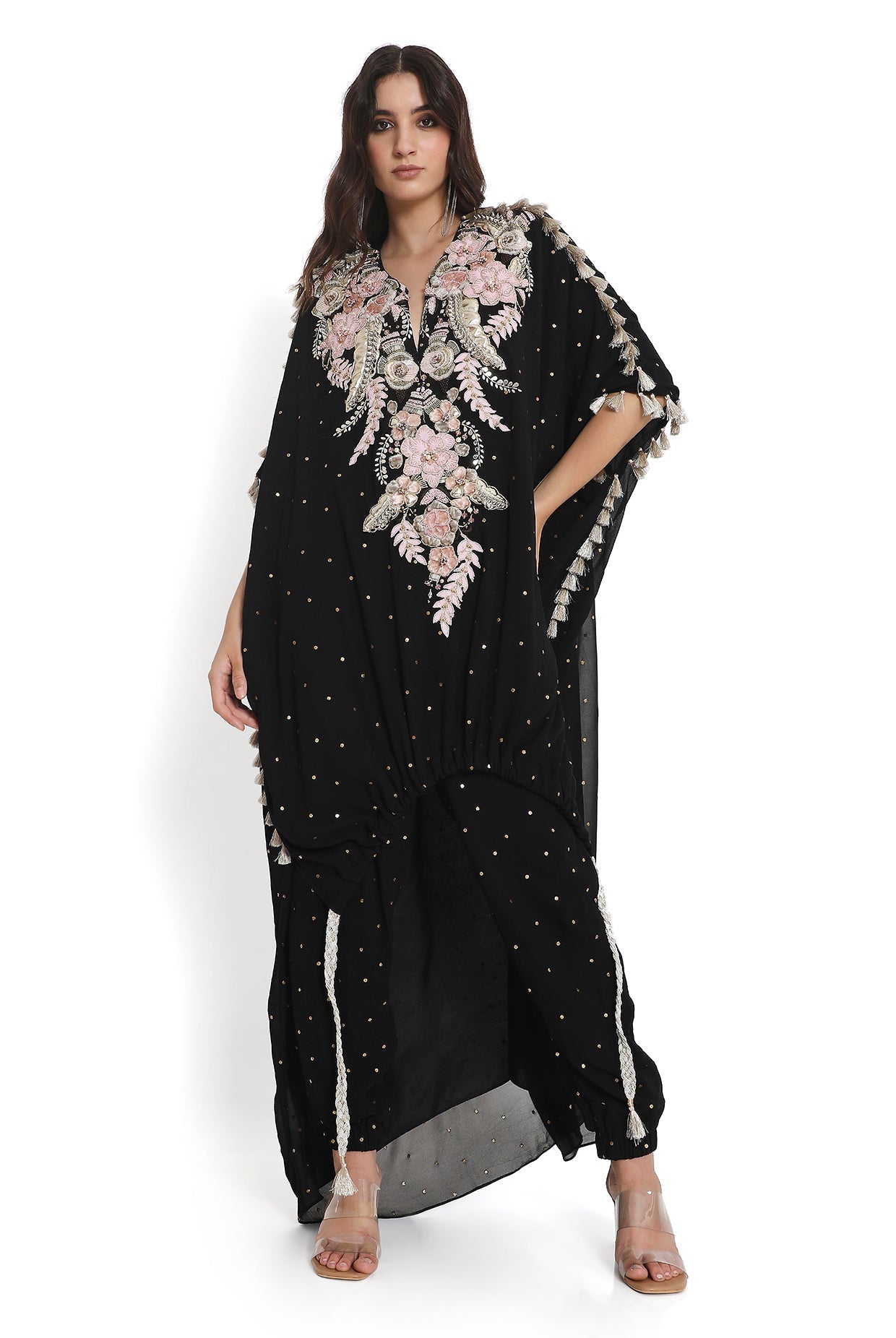 Black Embroidered High Low Kaftan With Jogger Pant