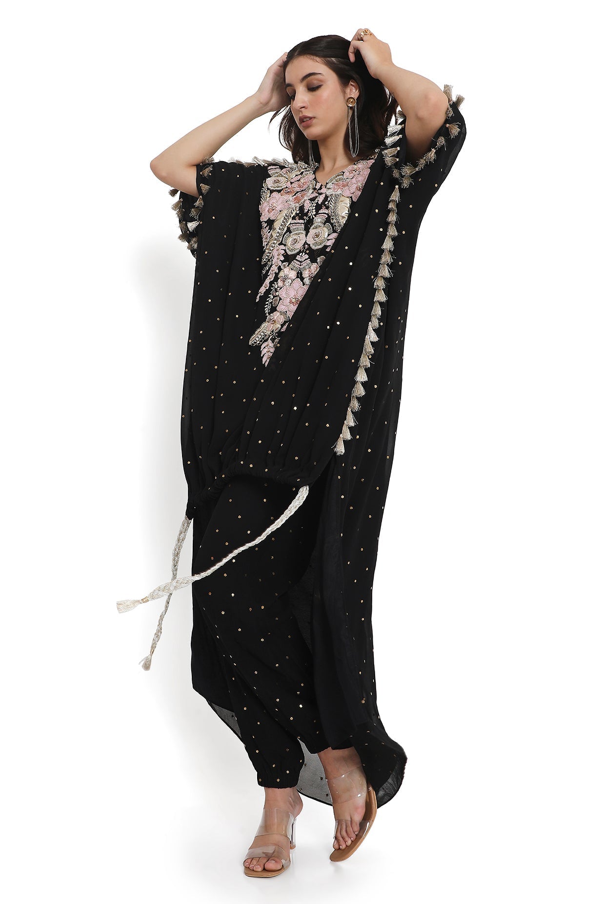 Black Embroidered High Low Kaftan With Jogger Pant