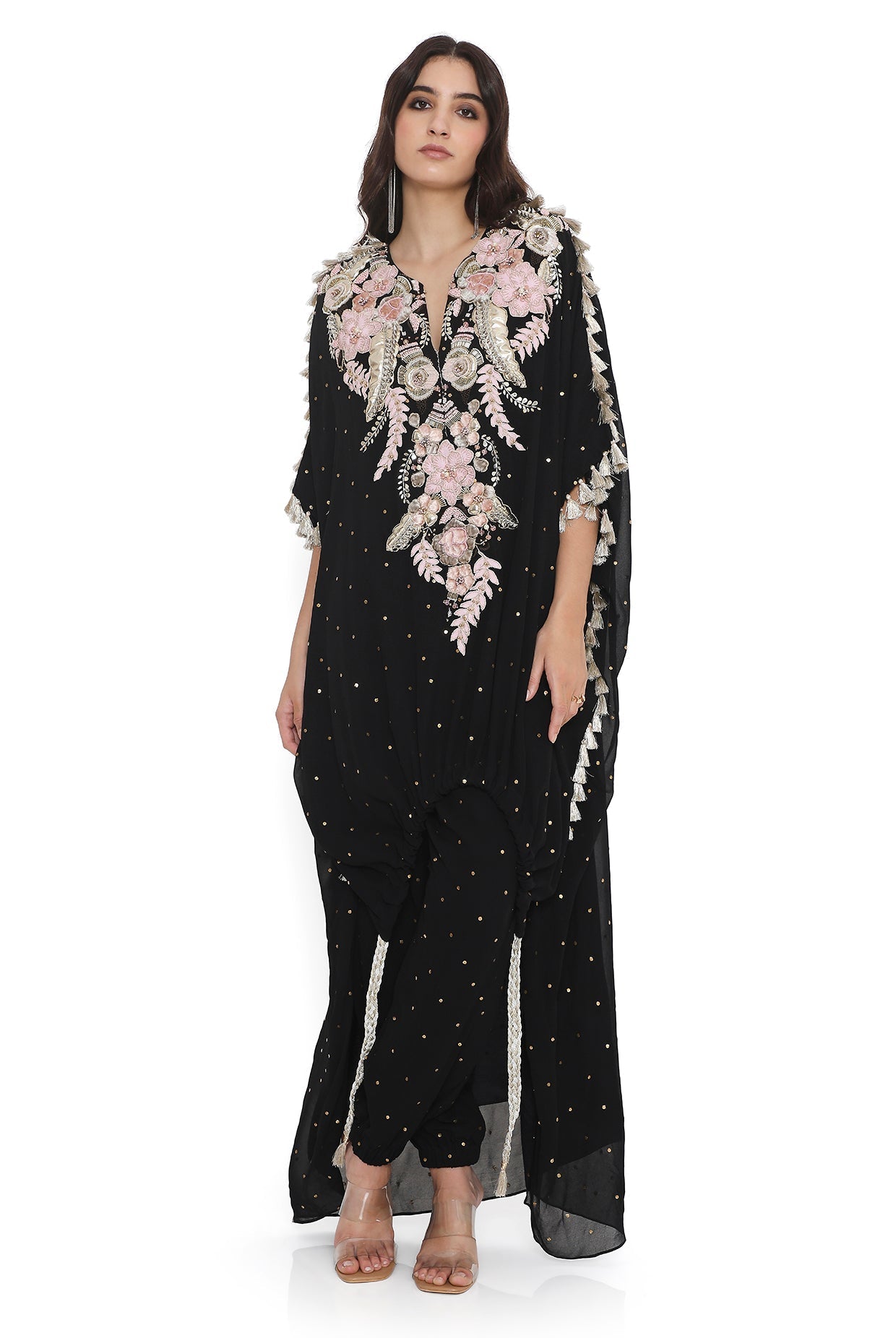 Black Embroidered High Low Kaftan With Jogger Pant