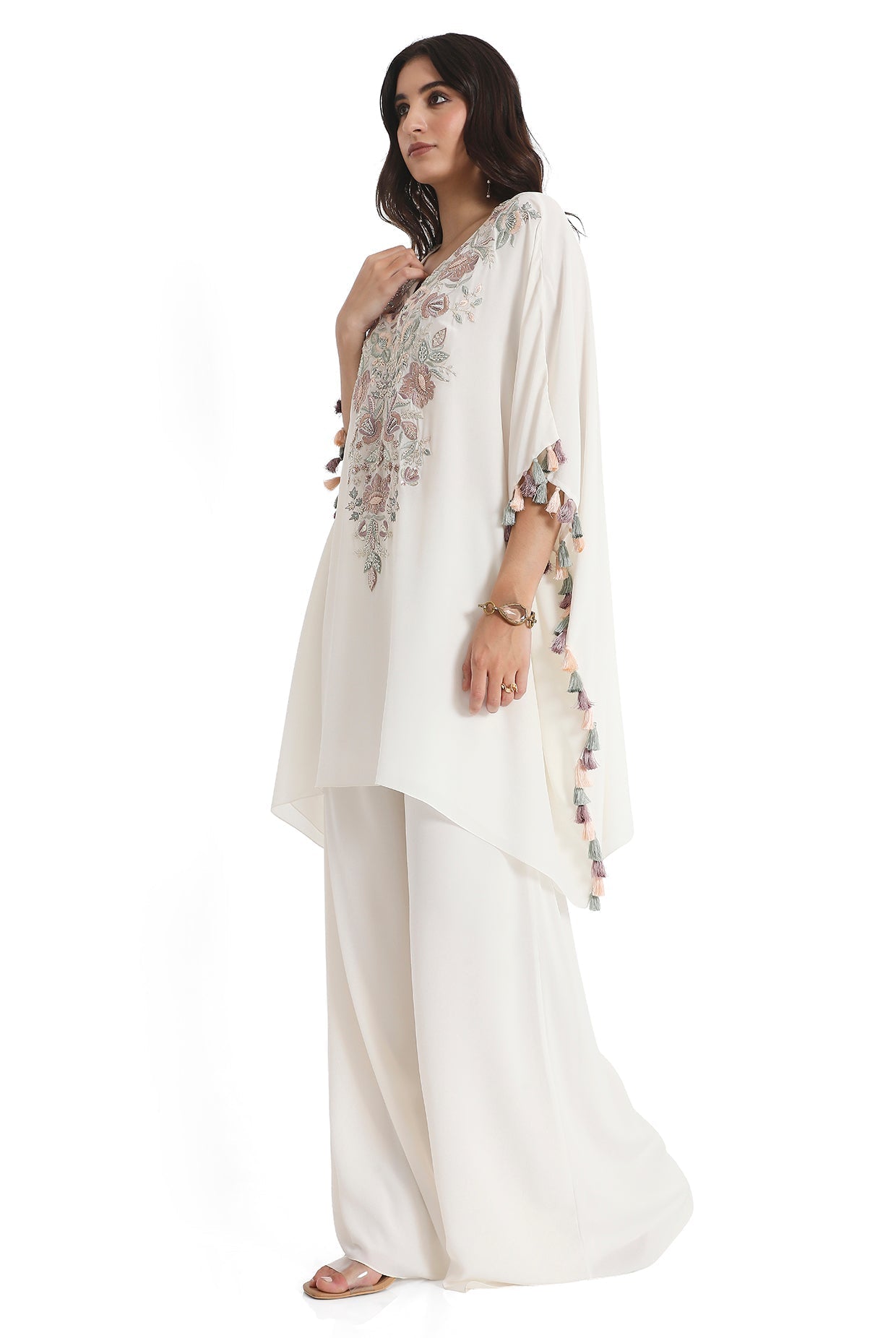 Ivory Embroidered Crepe Kaftan With Crepe Palazzo