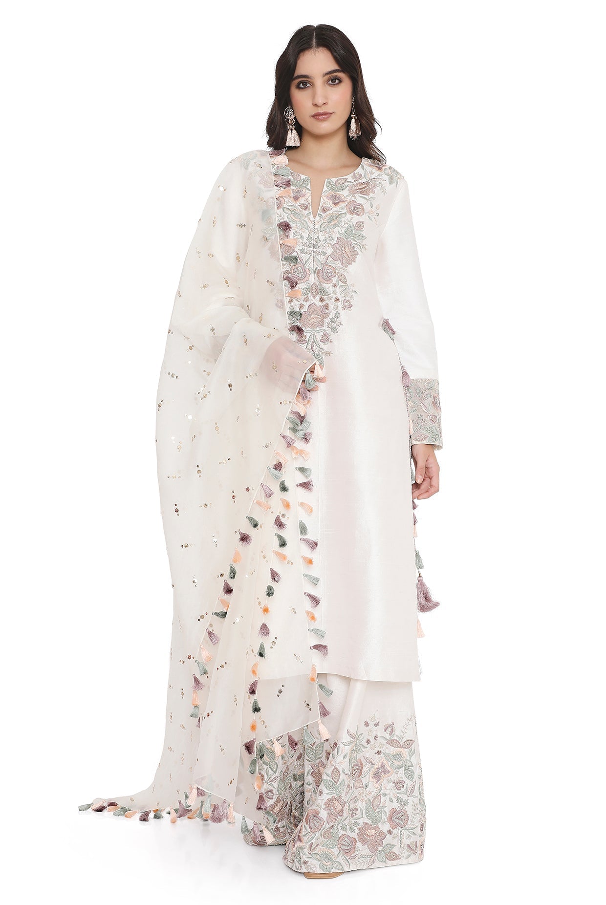 Ivory Embroidered Kurta And Embroidered Palazzo With Dupatta