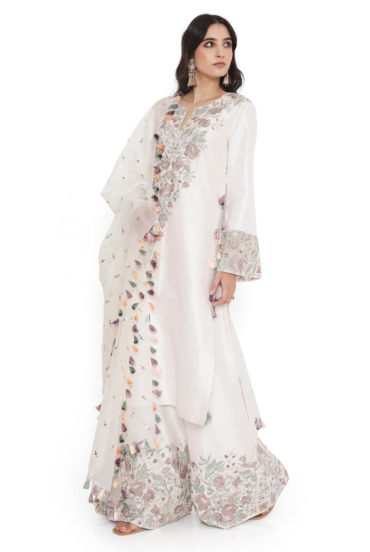 Ivory Embroidered Kurta And Embroidered Palazzo With Dupatta