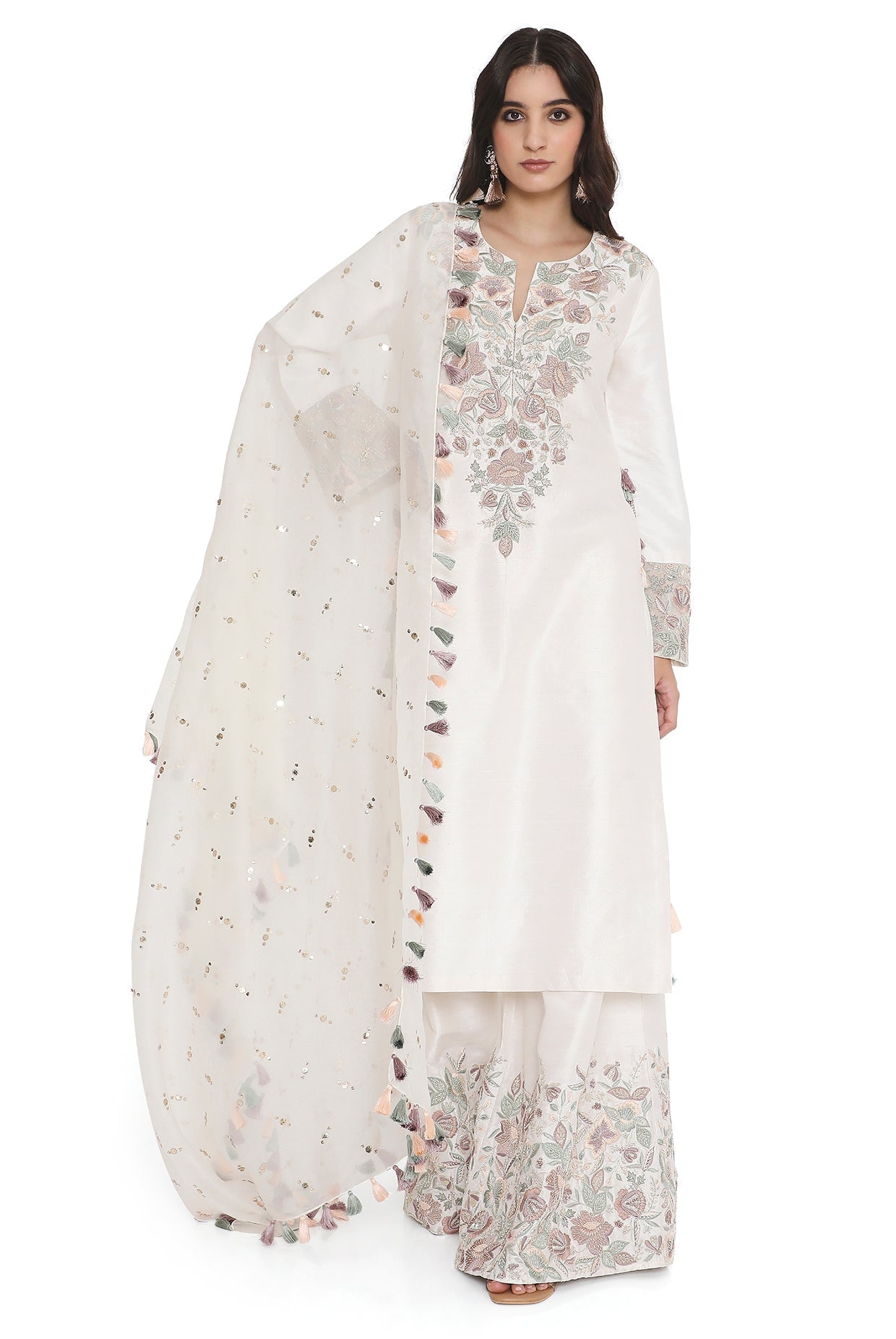Ivory Embroidered Kurta And Embroidered Palazzo With Dupatta