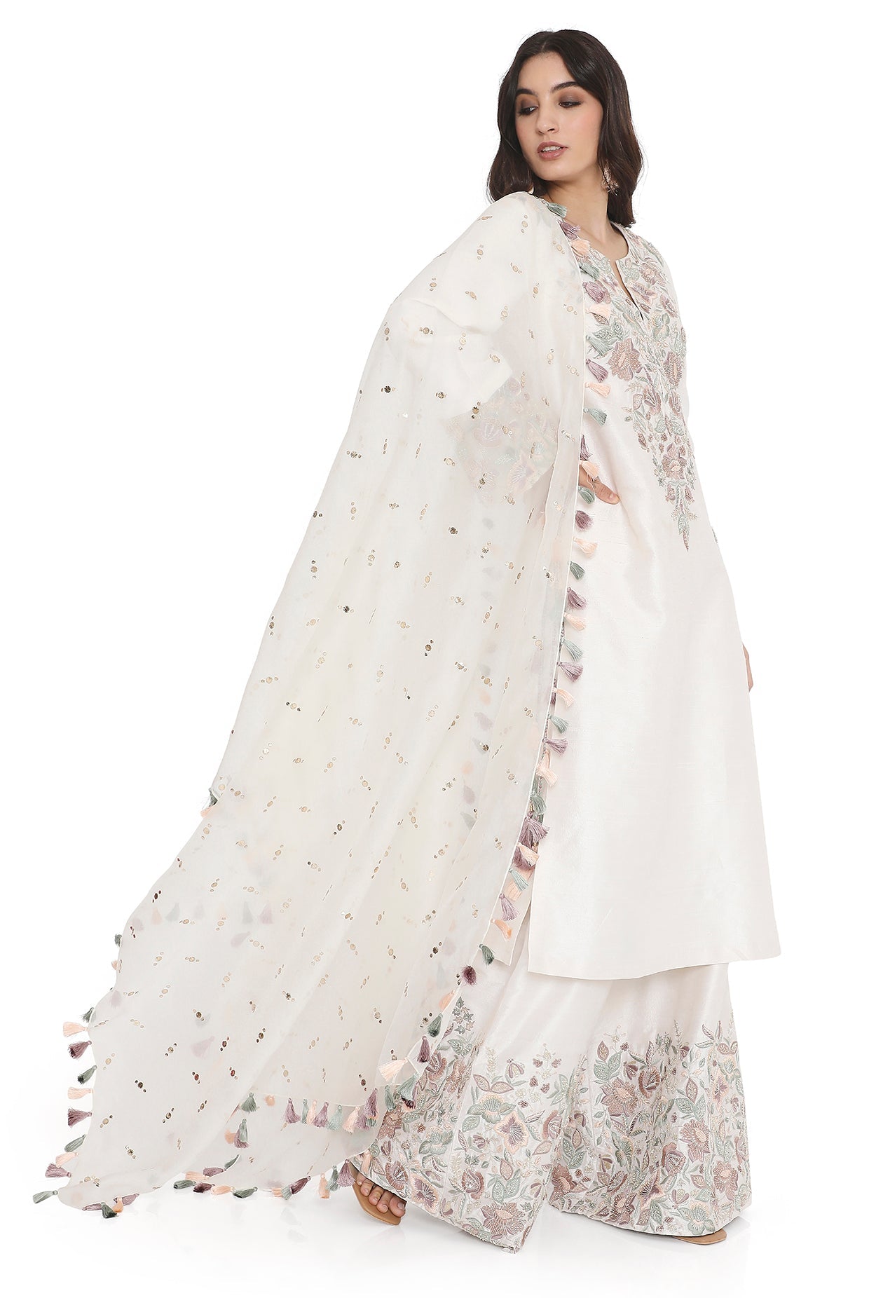 Ivory Embroidered Kurta And Embroidered Palazzo With Dupatta