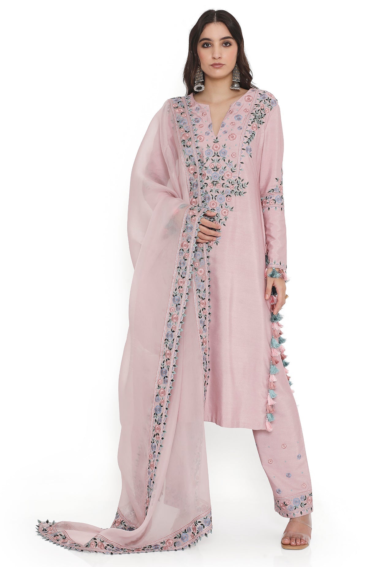 Blush Pink Embroidered Kurta With Pant And Embroidered Dupatta