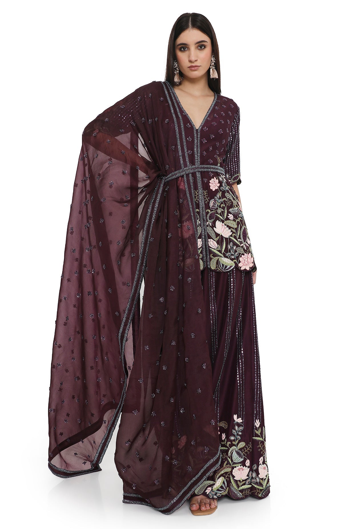 Purple Embroidered Kurta With Palazzo And Embroidered Belt With Embroidered Dupatta
