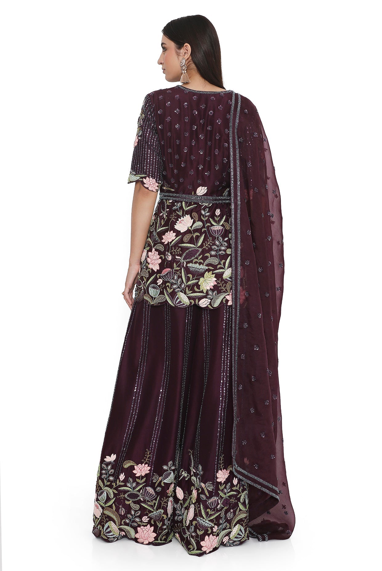 Purple Embroidered Kurta With Palazzo And Embroidered Belt With Embroidered Dupatta
