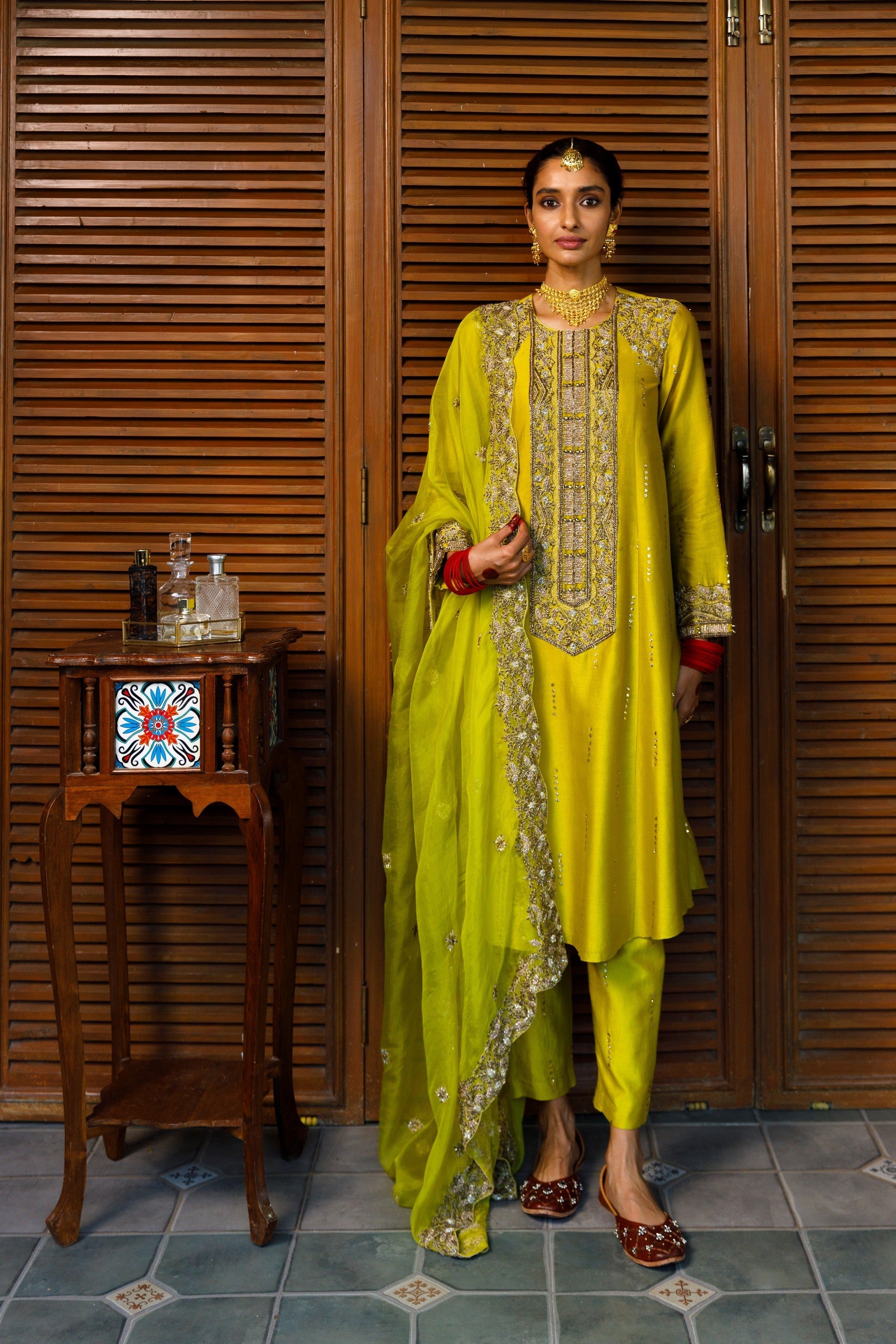 Ruksaan Olive Green Embroidred Yoke Kurta And Pant With Embroidred Dupatta