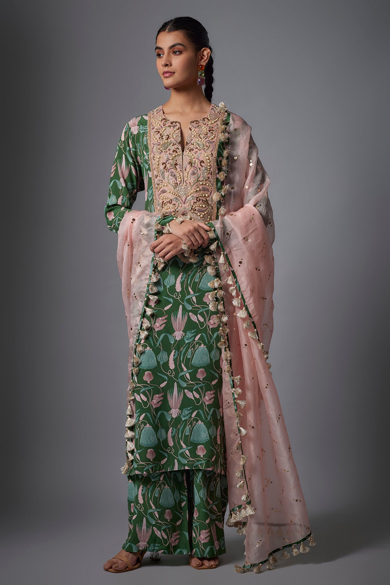 Green Island Escape Print Crepe Embroidered Yoke Kurta And Crepe Pallazo With Rose Pink  Dupatta.